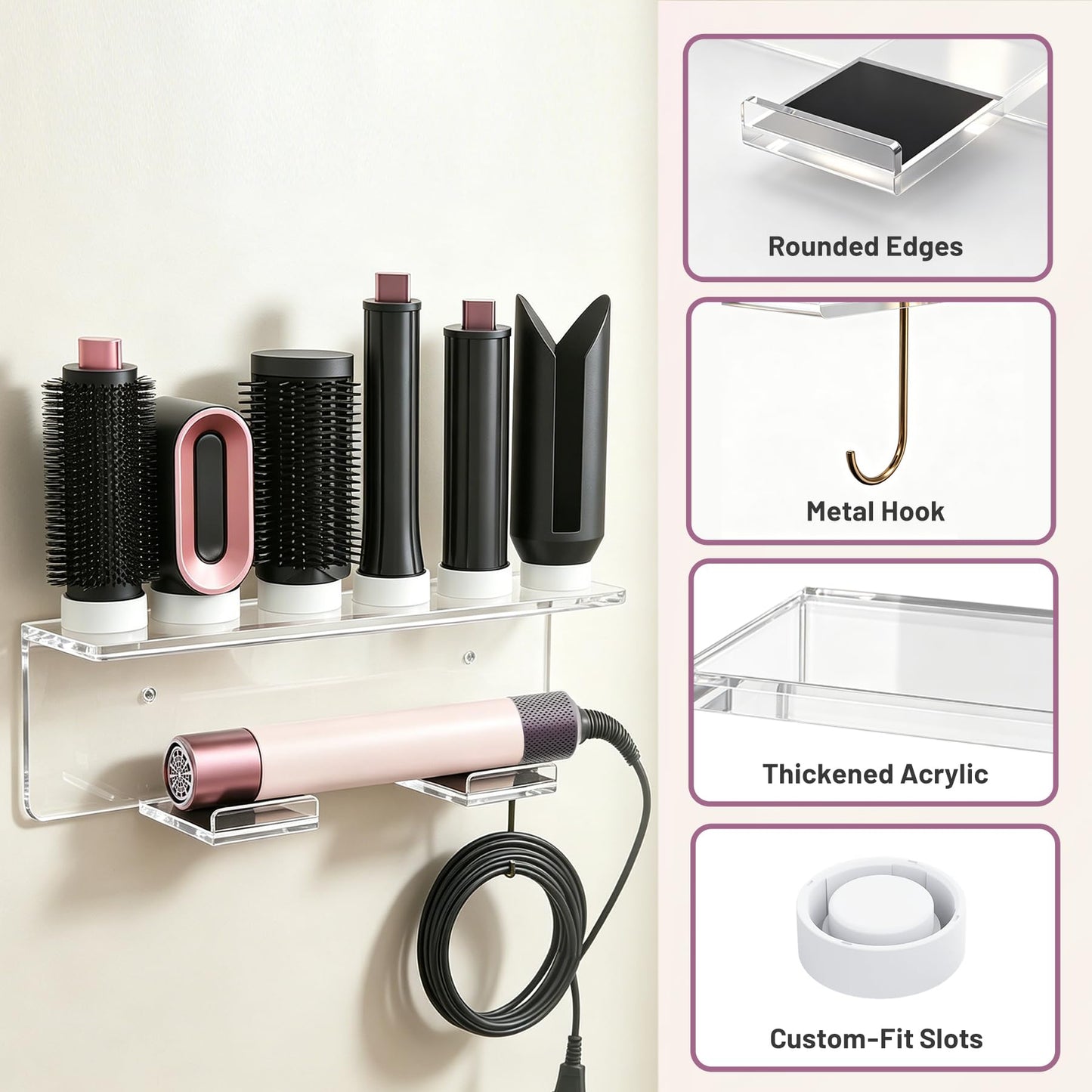 Affogato Wall Mount Holder Compatible with All Dyson Airwrap Styler Accessories, Upgraded Acrylic 6 Holes Storage Organizer Rack for Bathroom