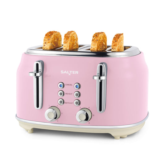 Salter Retro Pink Kettle & Toaster Set 1.7L Fast Boil Kettle with Removable Limescale Filter, 4-Slice Wide Slot Toaster for Thick Bread/Bagels, Blue