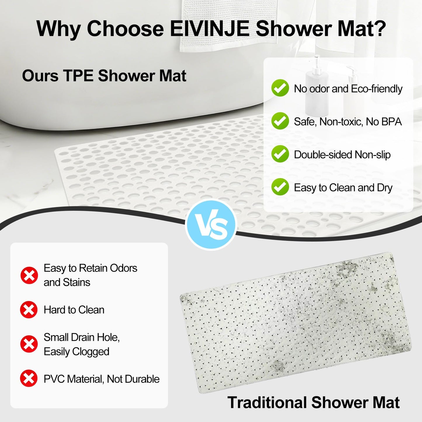 EIVINJE Shower Mat Non Slip Anti Mould: 53 x 53 cm Square Shower Mats for Inside Shower