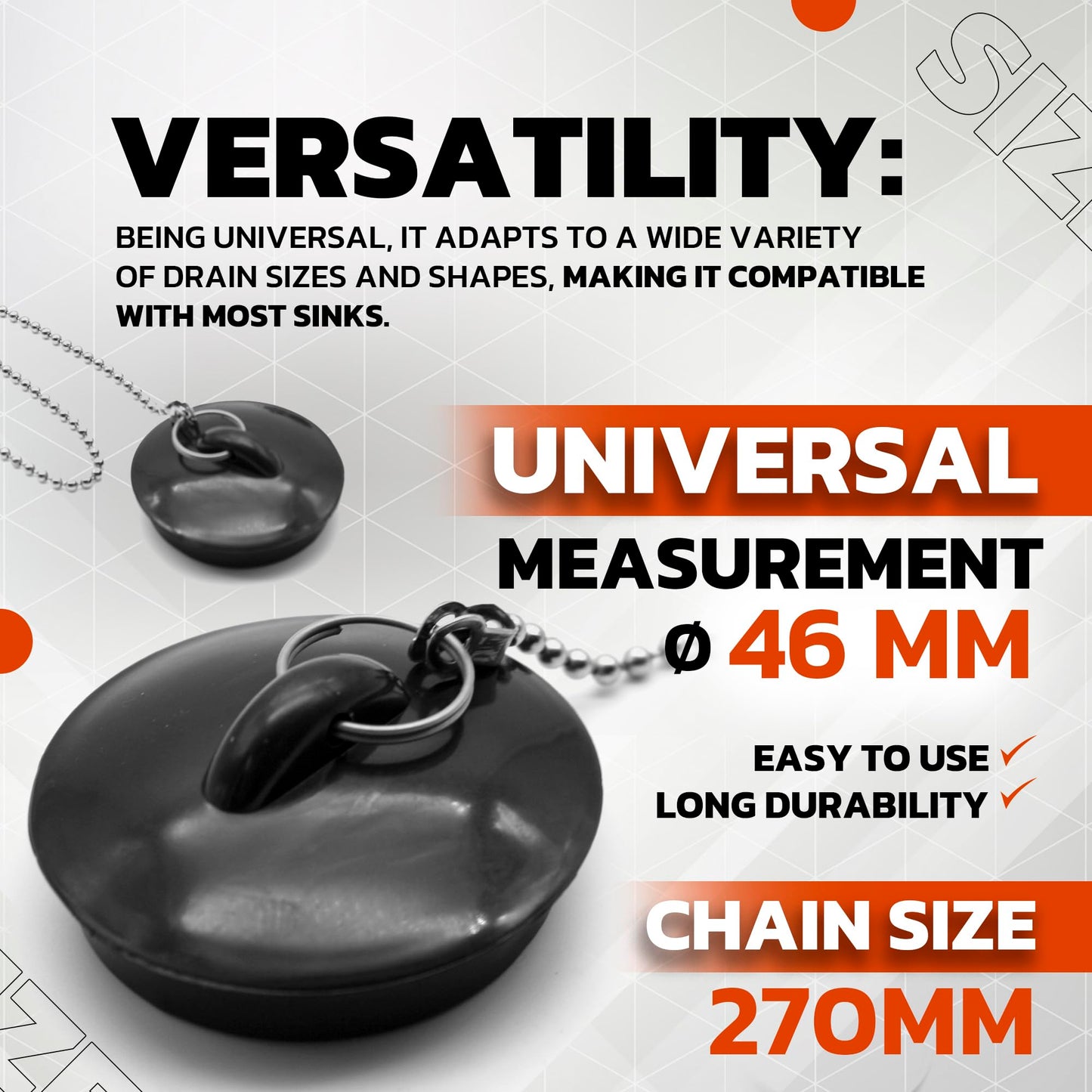 DOJA Barcelona Drain Plug with Chain, 270 mm, Pack of 4, Universal Rubber Sink Plug, Black