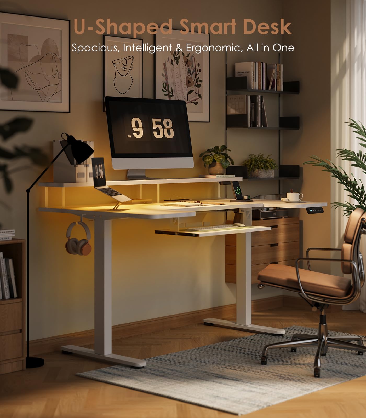OffiGo Standing Desk, 120cm U Shaped Desk with LED Lights & Power Outlets