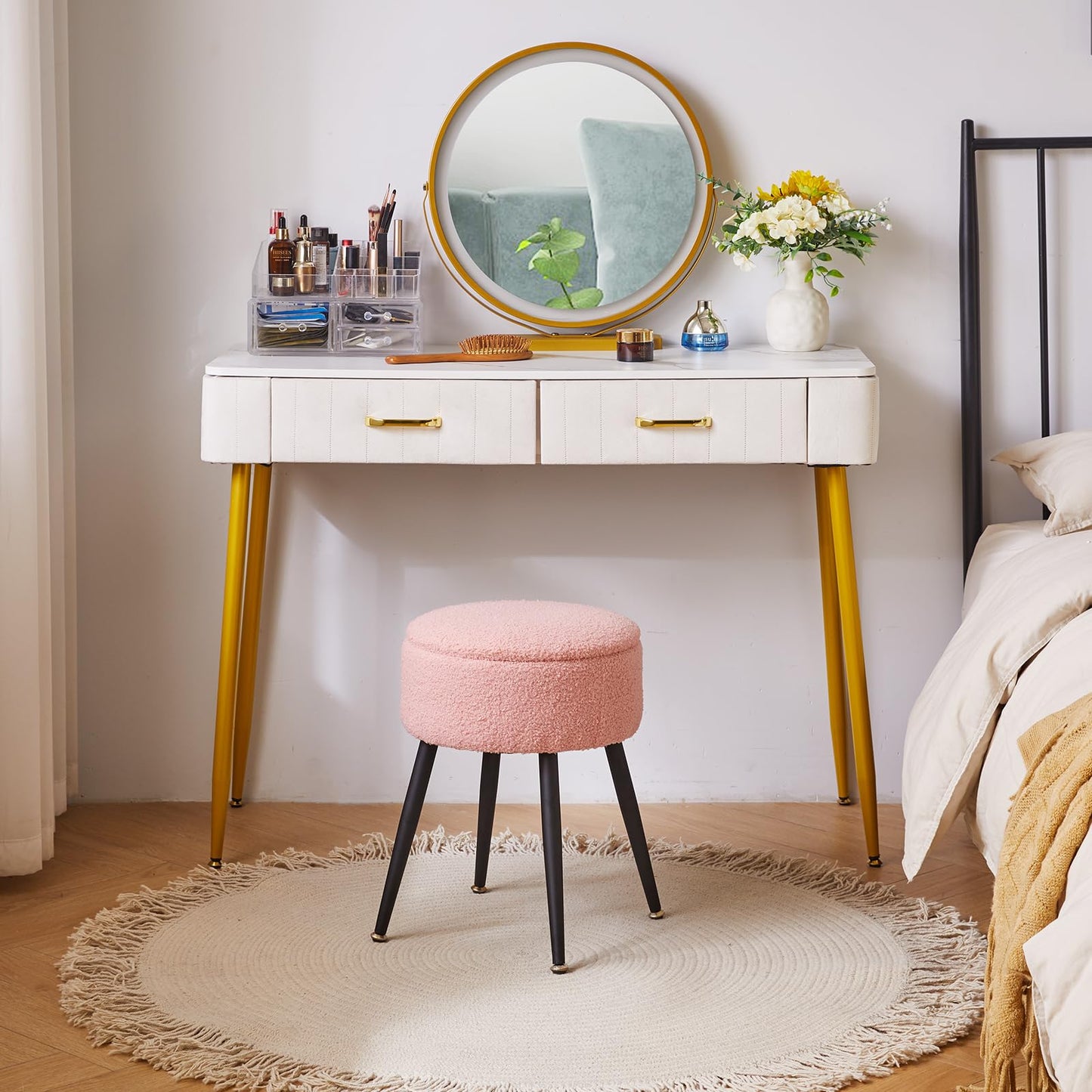 Aibiju Stool Chair for Dressing Table, Round Vanity Stool with Storage, Small Side Table with 4 Metal Legs for Home Living Room Fitting Room Bedroom