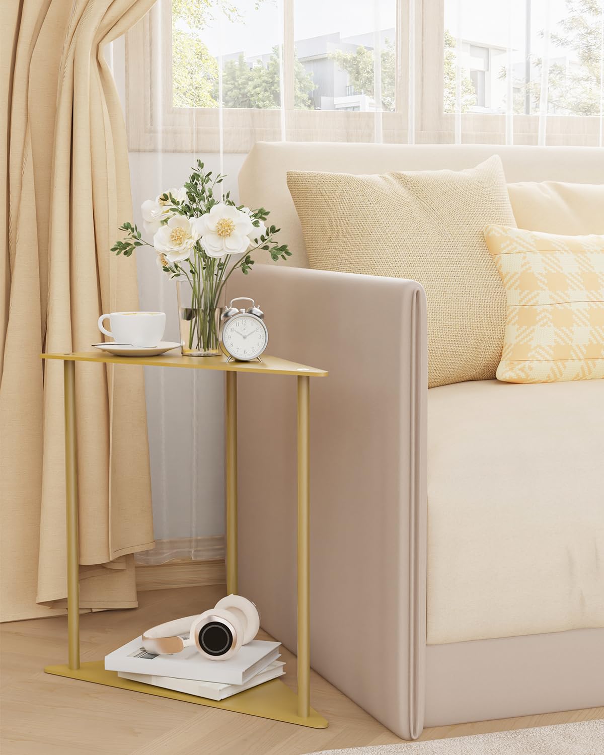 Yawinhe Triangle Metal Side Table,2-Tier Small Corner Table,Golden,2 Pack