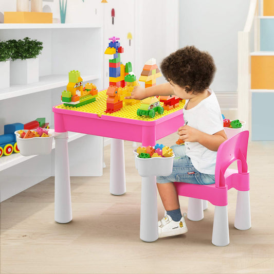 burgkidz Toddler Table and Chair Set, Plastic Kids Activity Table with Chair and 128 Piece Large Creative Bricks Building Construction Toys for Girls,