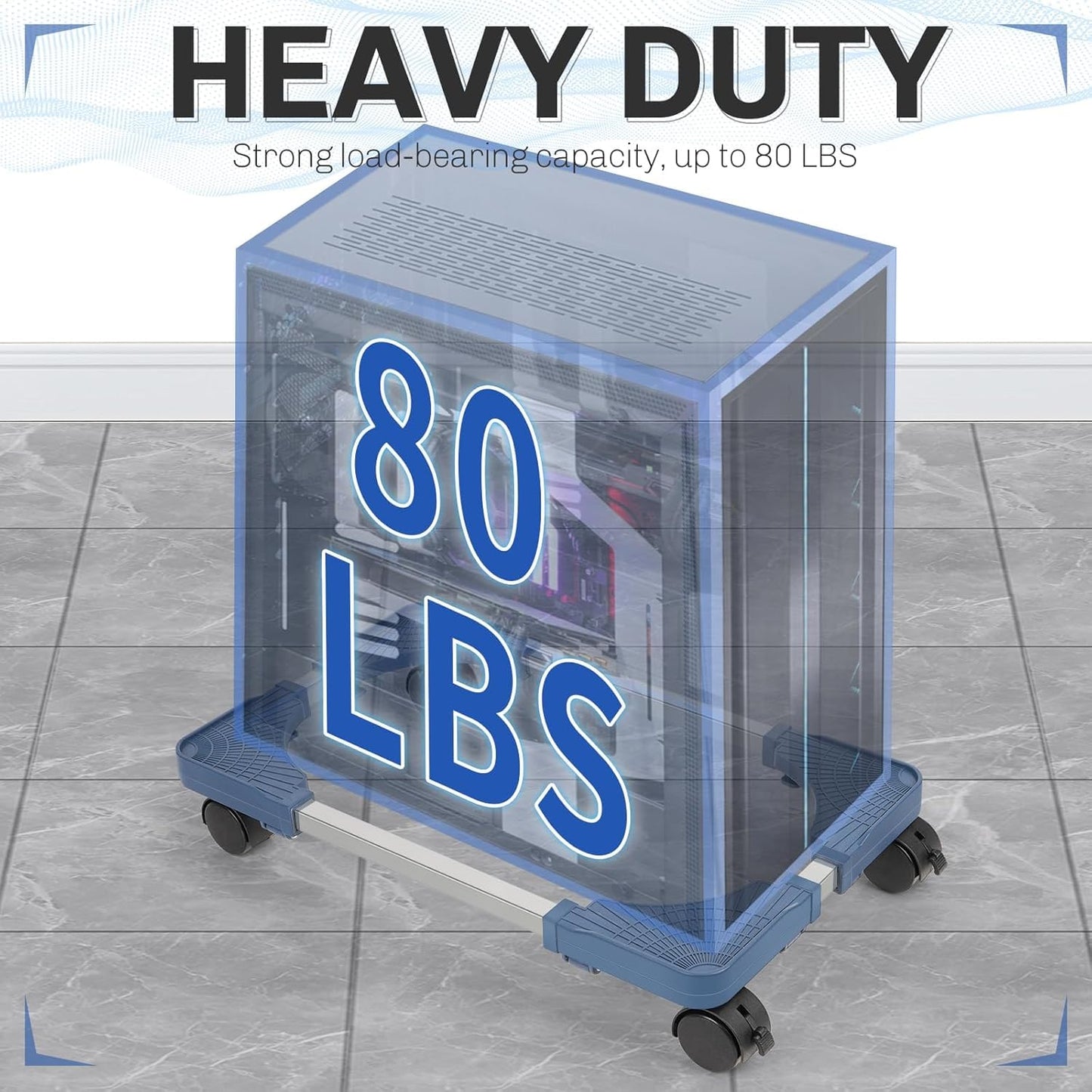 Hmseng Pc Tower Stand, Adjustable Mobile CPU Stand with 4 Rolling Caster Wheels, Fits Most PC Under Desk-Blue