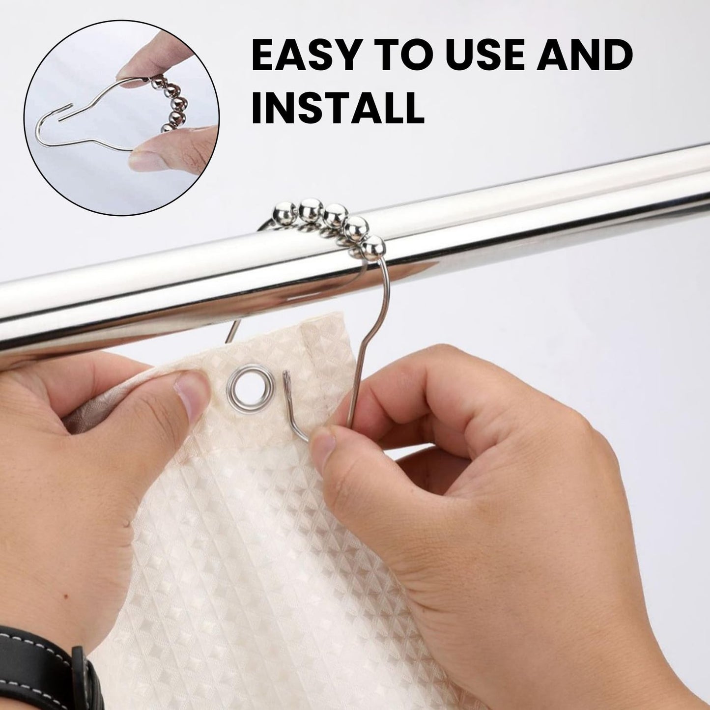 12 PCS Shower Curtain Hooks, Silver Stainless Steel Shower Curtains Rings with Roller Balls, Rust-Resistant, Heavy-Duty Closure