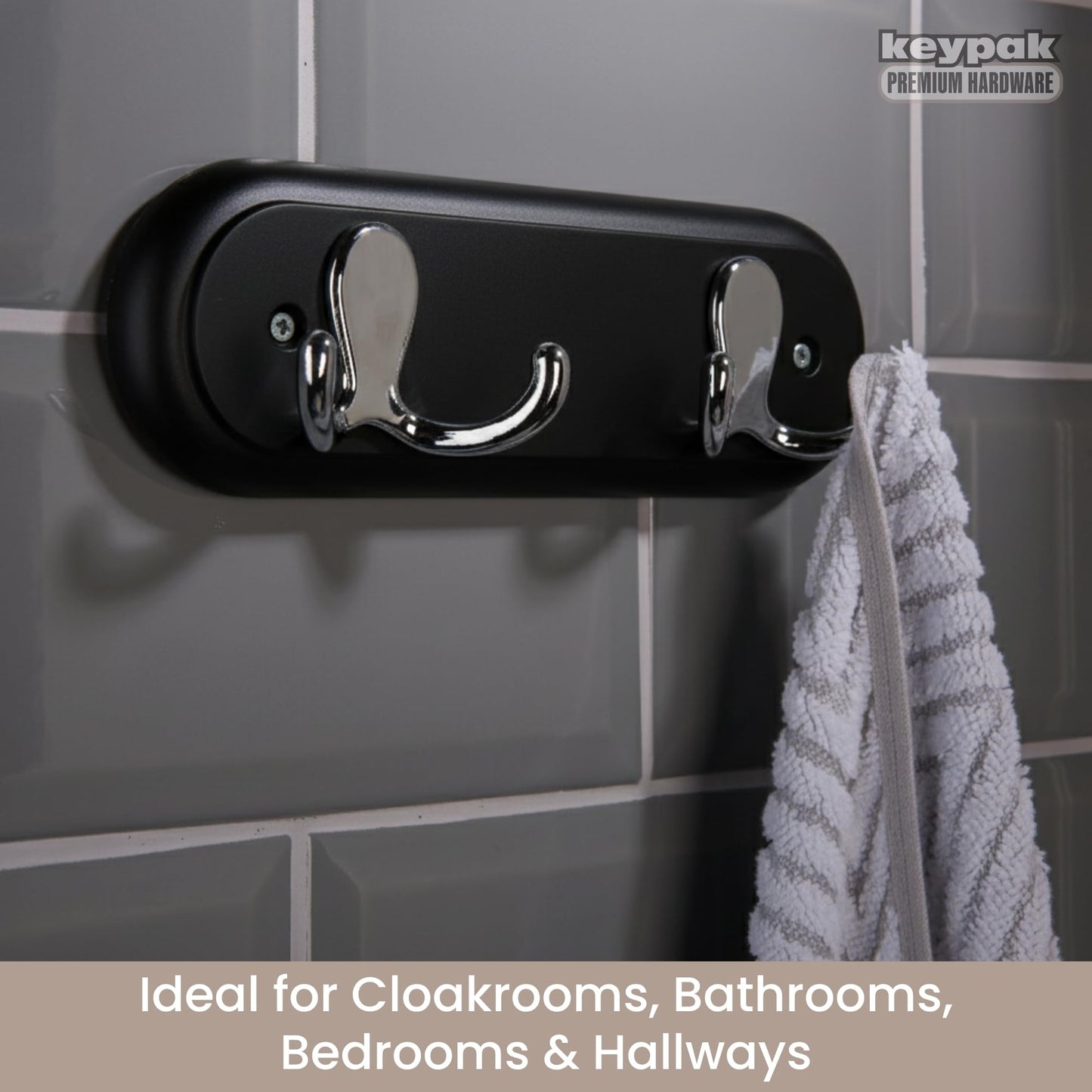 keypak Wall Mounted Robe Coat Rack with 2 Black Double Hooks