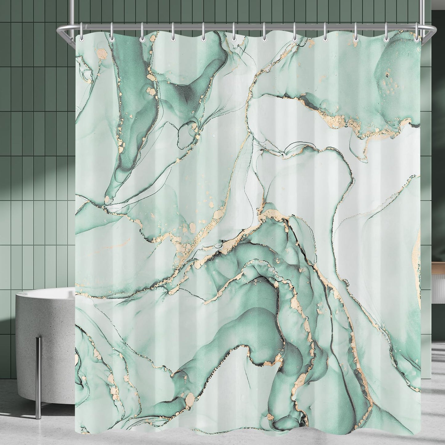 Lerores Shower Curtain, 120 x 200 cm, Mint Green Marble, Weighted Hem, Anti-Mould, Water-Repellent, Washable Polyester Bath Curtains with 8 Eyelets