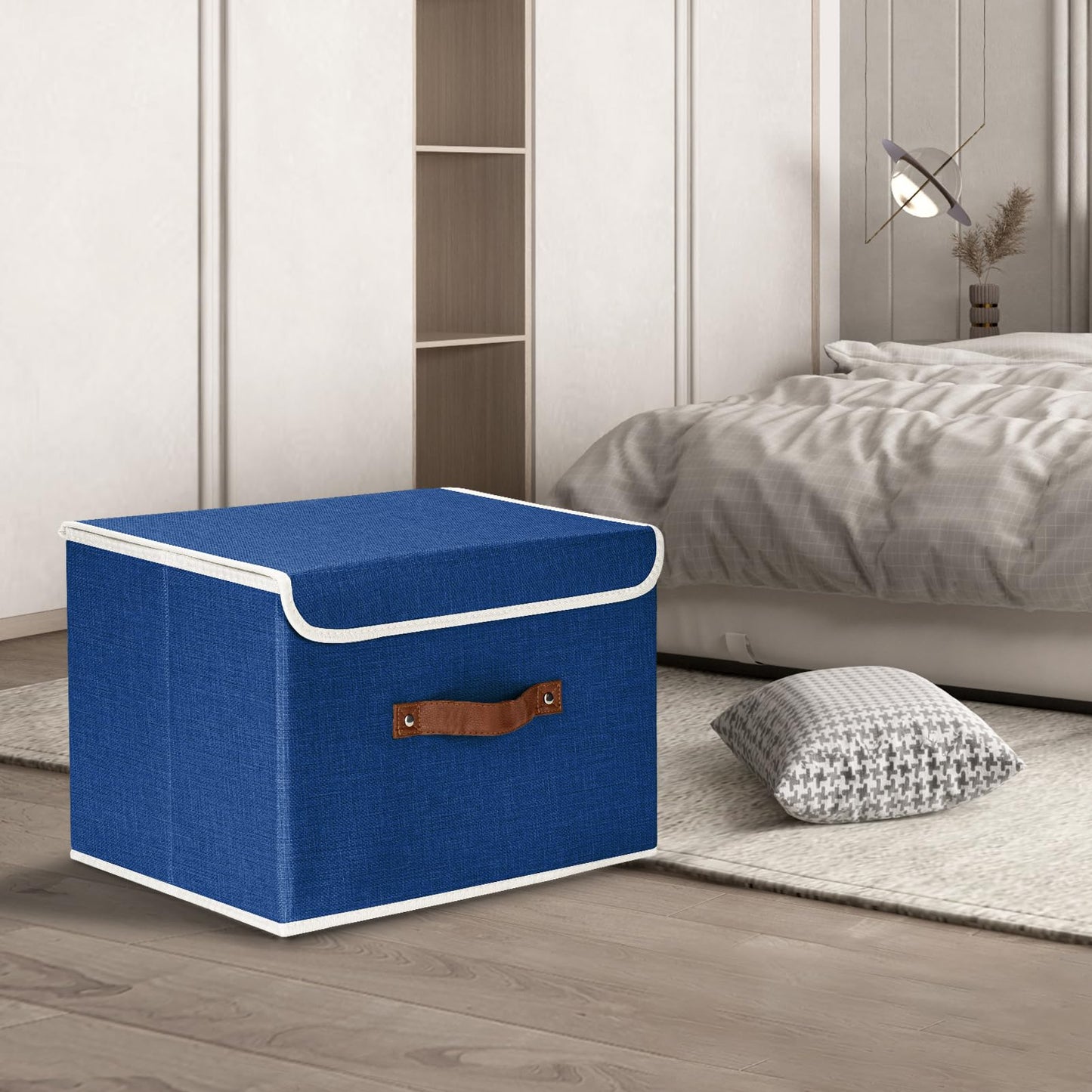 TYEERS Collapsible Storage Box with Lid, Fabric Storage Box for Clothes, Wardrobe Storage, 38x25x25 cm, Set of 5, Classic Blue