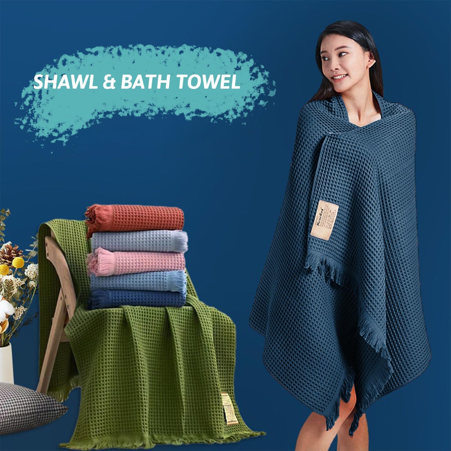 Jamron Pure Cotton Waffle Bath Towel Quick Dry Soft 180x90cm Large Bath Sheet Tassel Shawl SN079108 Blue