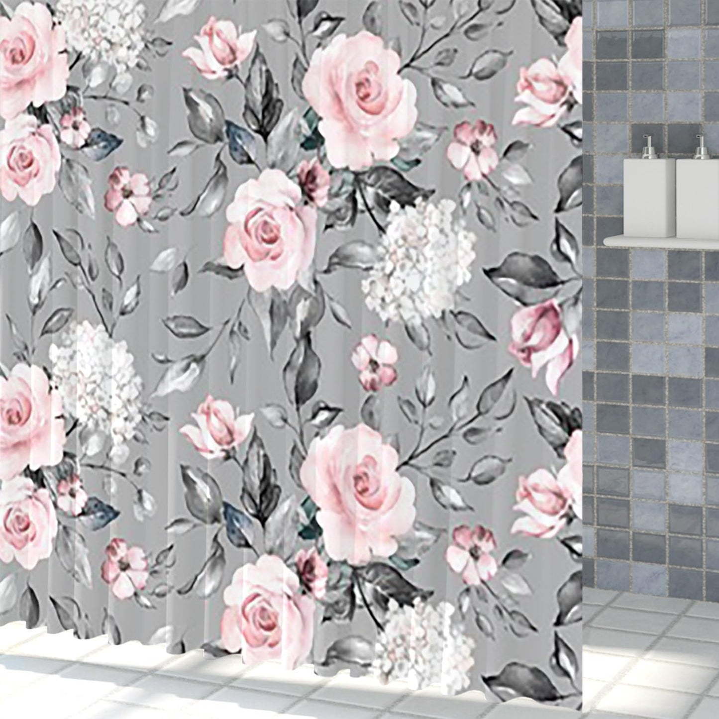 Xiaoterna Eucalyptus Leaf Shower Curtain Flower Plant Bathroom Curtain Vintage Pink Rose Flower with Green Leaf Plant Nature Aesthetic Shower Curtain