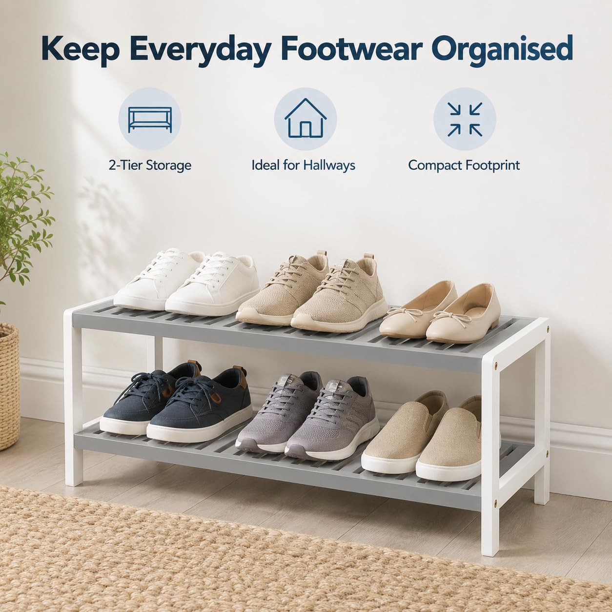 1ABOVE Bamboo Shoe Rack, Plant Rack, Perfect for Corridor, Living Room, Bathroom, Bedroom, Hallway or Small spaces-Parent. (Grey & White, 2 Tier)