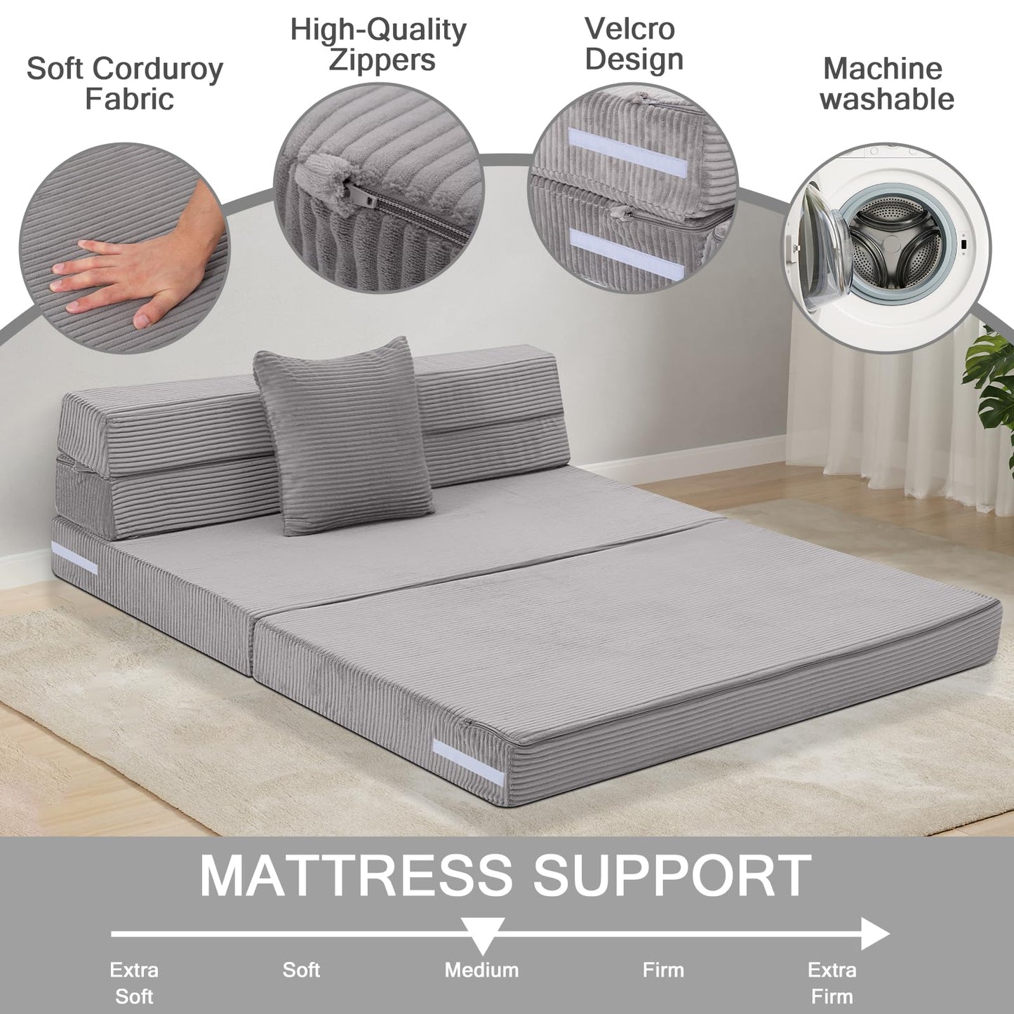 MeMoreCool Folding Mattress Double, Corduroy Fold Out Sofa Bed, Grey