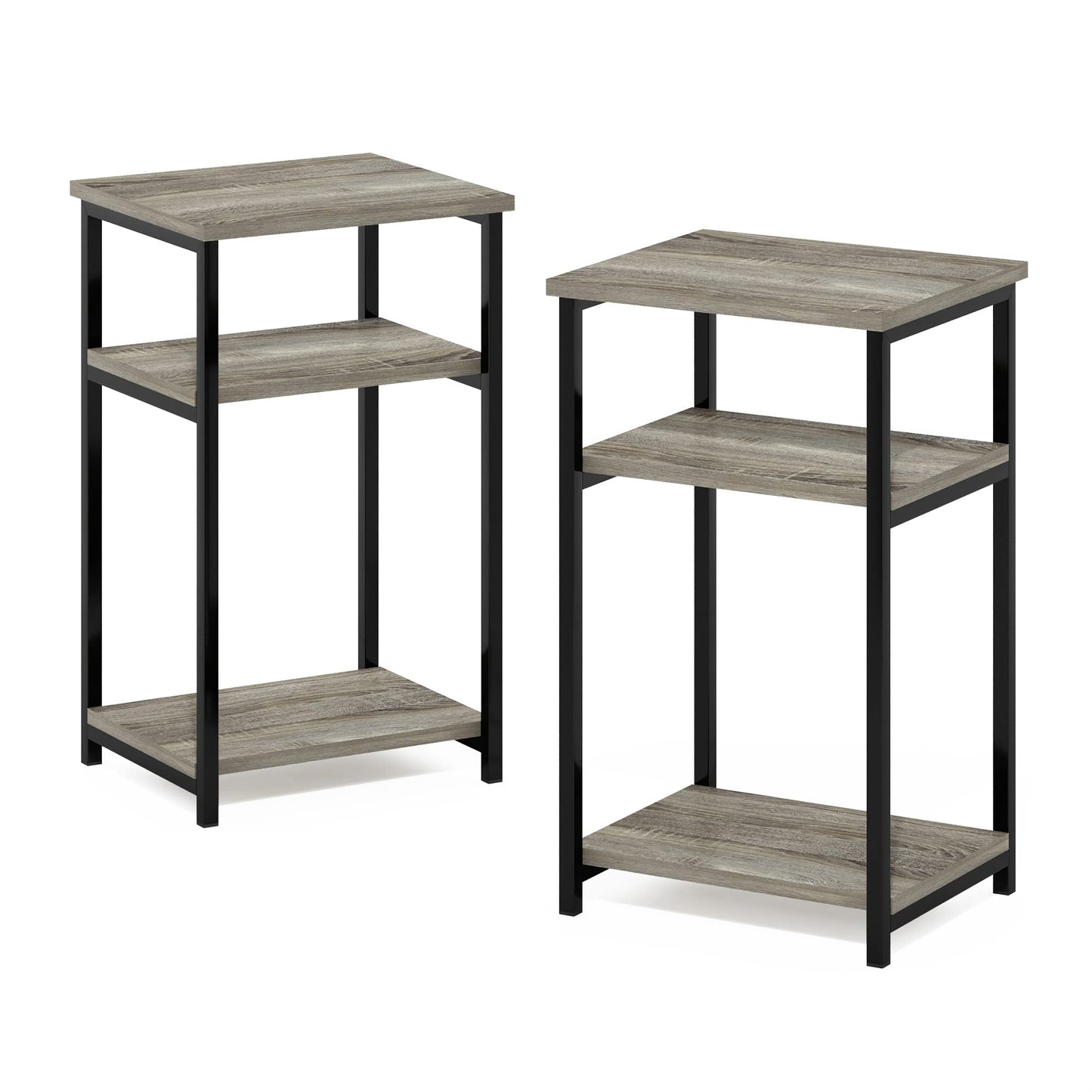 Furinno JUST Side Table Set of 2, 3-Tier Metal Frame End Table with Open Shelf, Night Stand, Bedside Table, for Living Room, Bedroom, French Oak