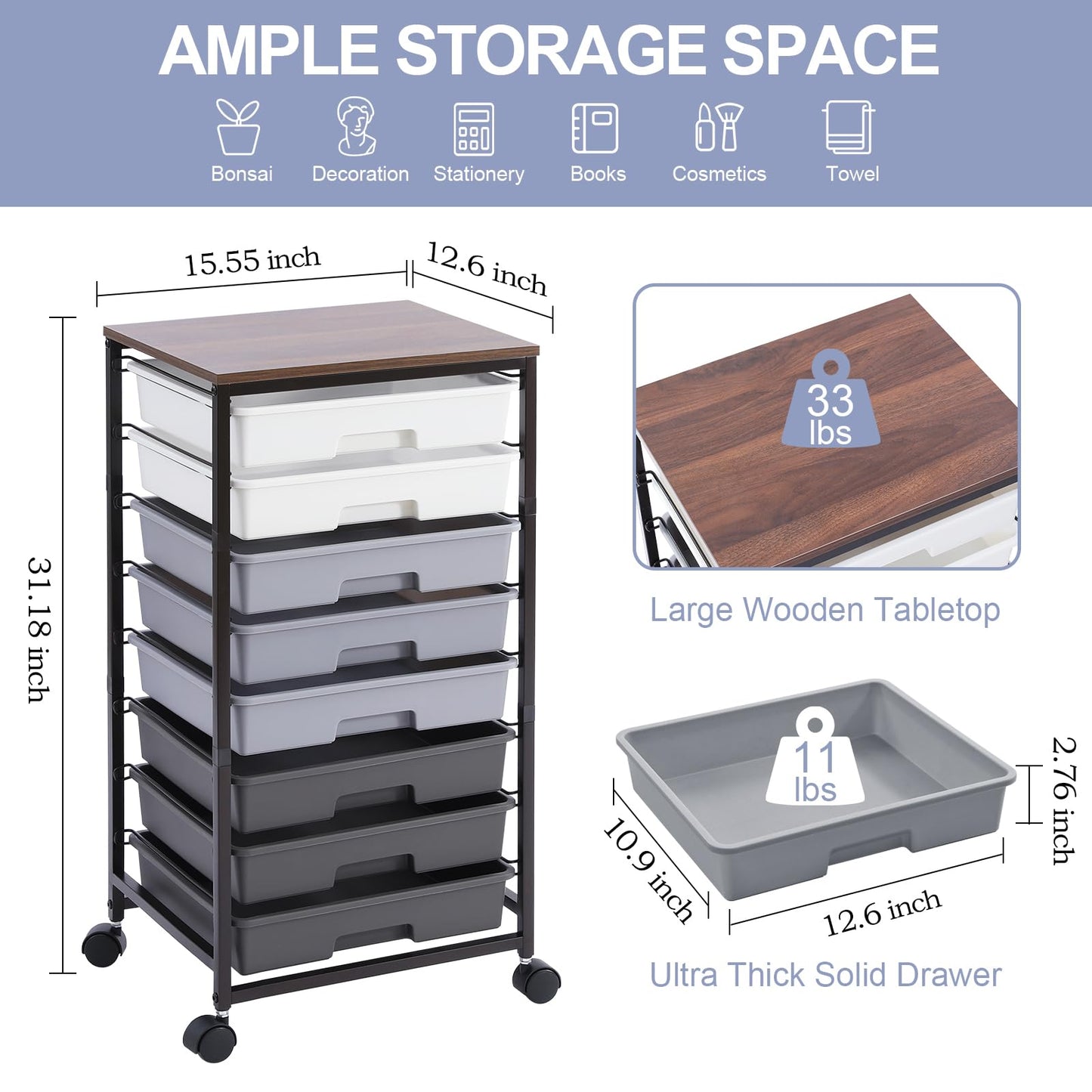 SYKIARIOL 8-Drawer Storage Trolley Rolling Cart with Lockable Wheels, Gray
