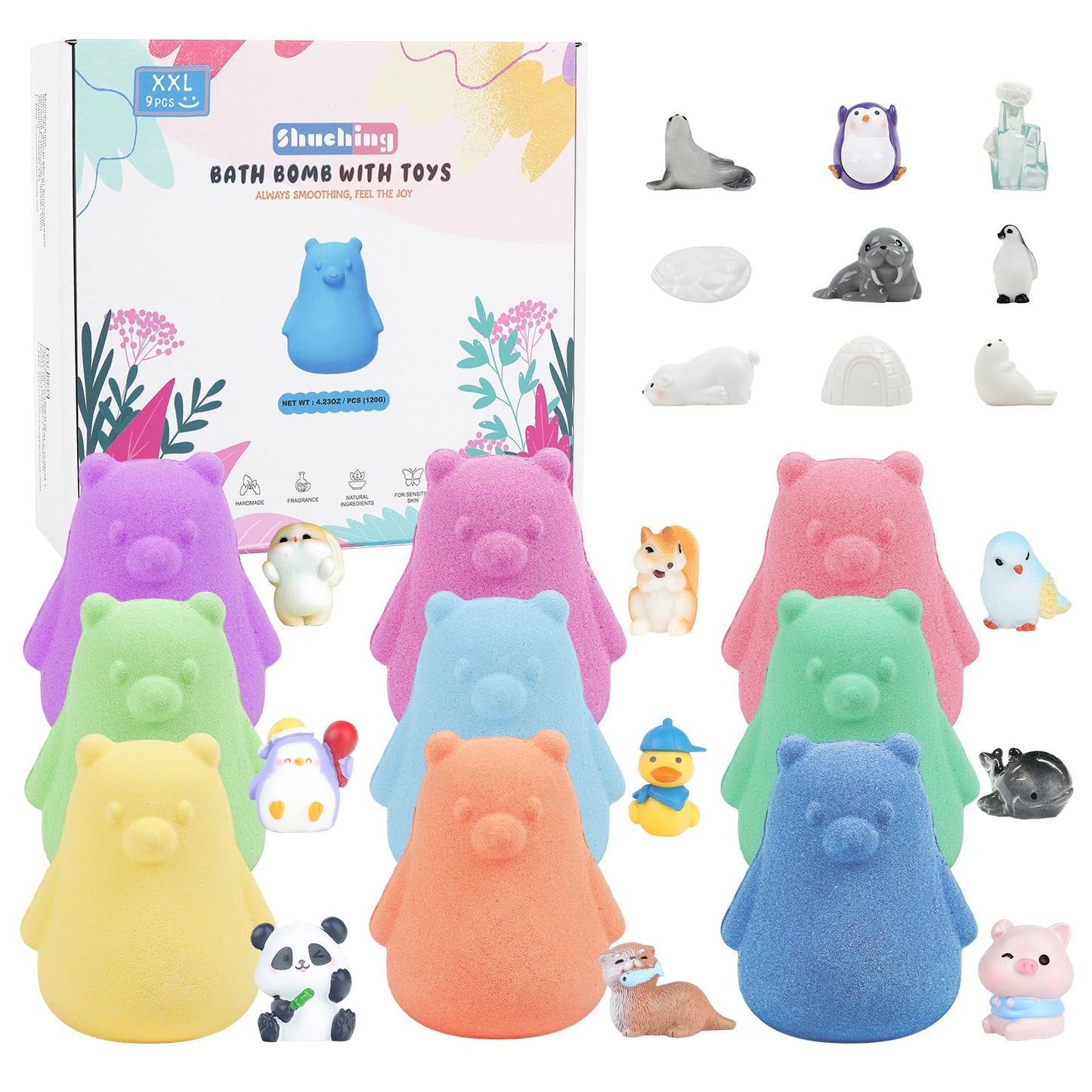SHUCHING 9 XXL Bear Bath Bombs for Kids with Toys Inside, Kids Bath Bombs Gift Set with Surprise, Natural Organic Shea Butter Bubble Bath Fizzy for