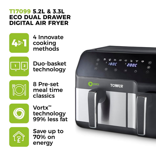 Tower T17099 Vortx 5.2L & 3.3L Eco Dual Basket Air Fryer with 8 One-Touch Pre-sets, 1700W, Black