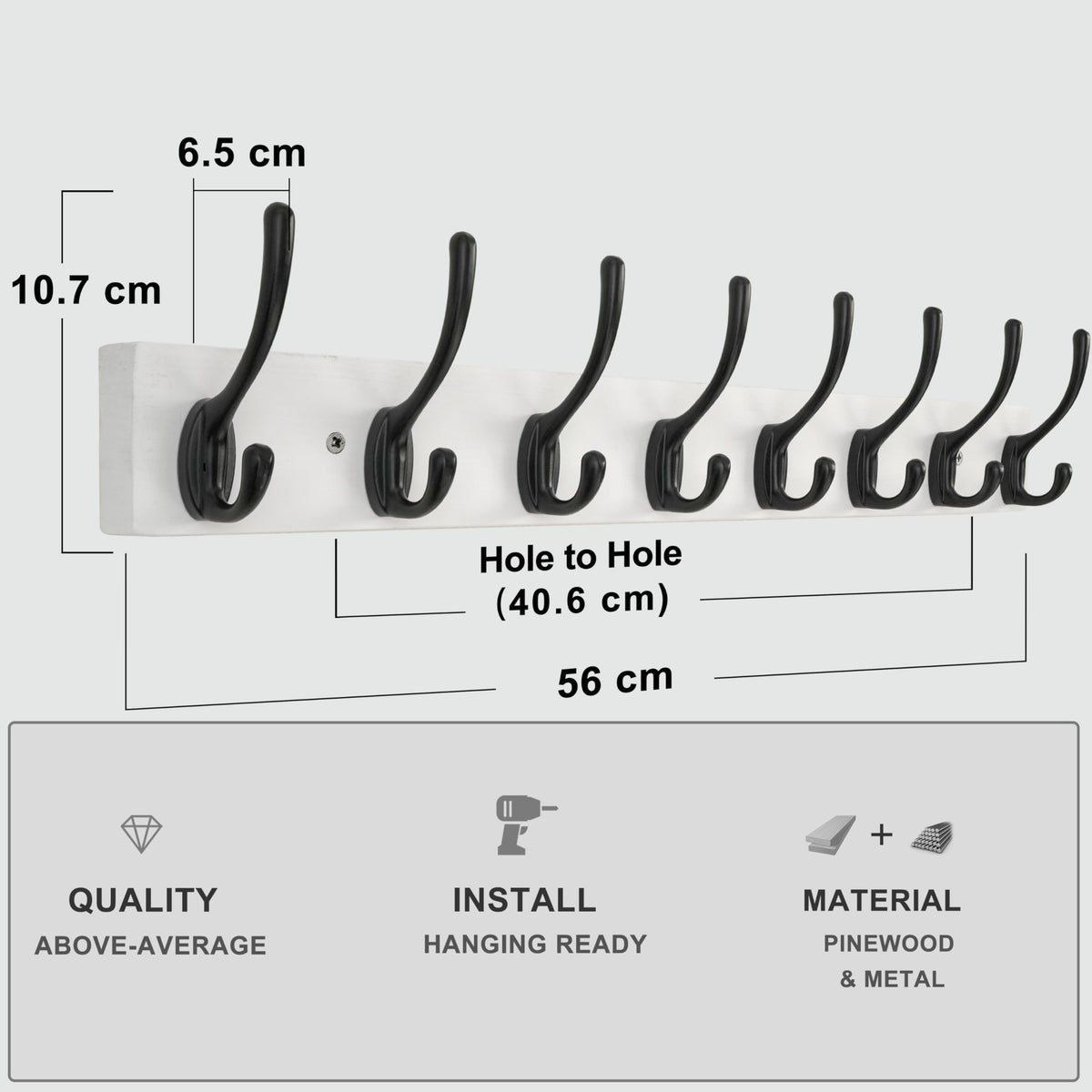 HONSKY Wall Coat Rack with 8 Double Hooks,Wooden Coat and Towel Hanger Storage for Entryway, Bathroom, Bedroom, Garage,White Base/Black Hook