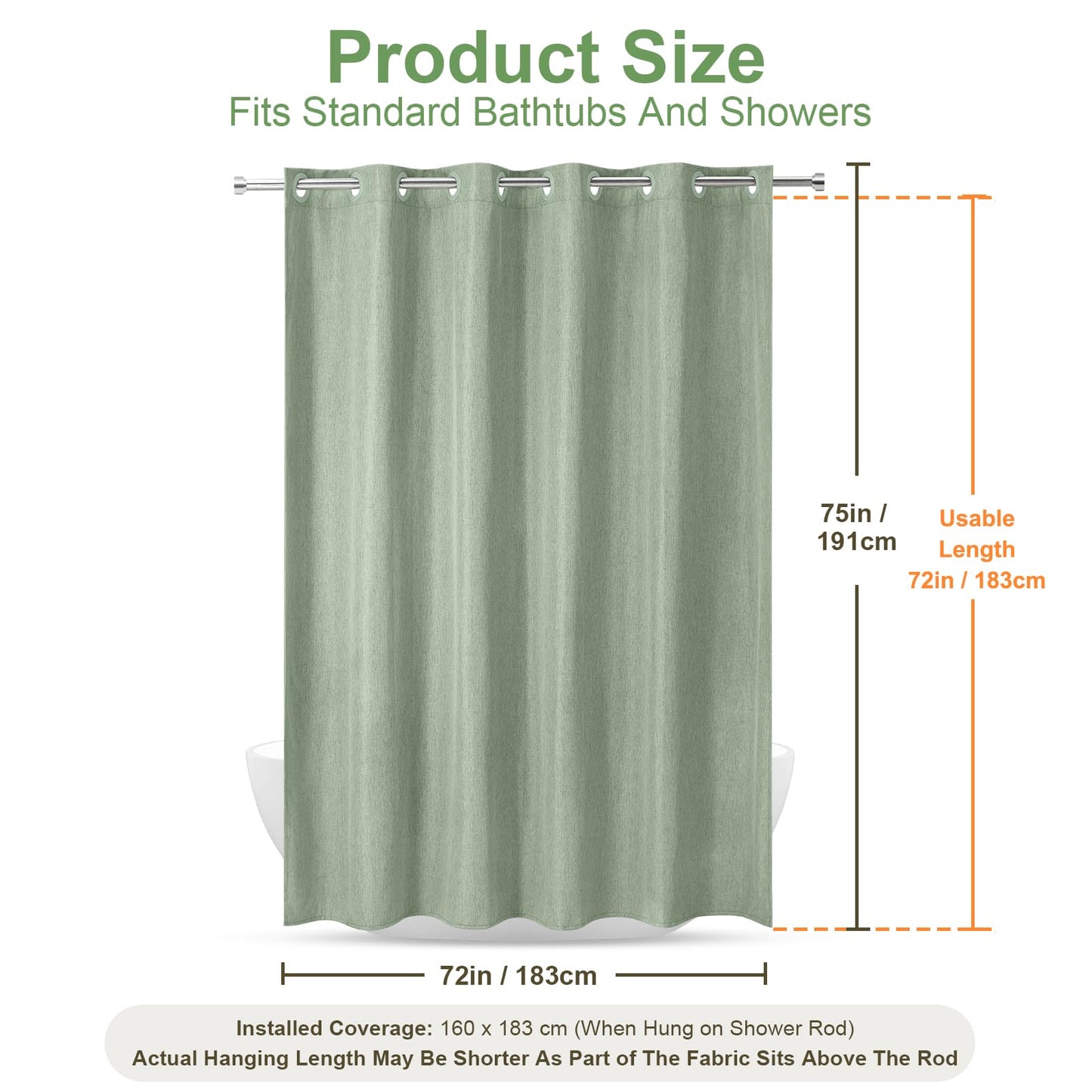 Hotel Style No Hook Rustic Linen Shower Curtain for Bathroom 230GSM Thick Fabric Texture Shower Curtains, Enhanced Waterproof, Weighted Hem