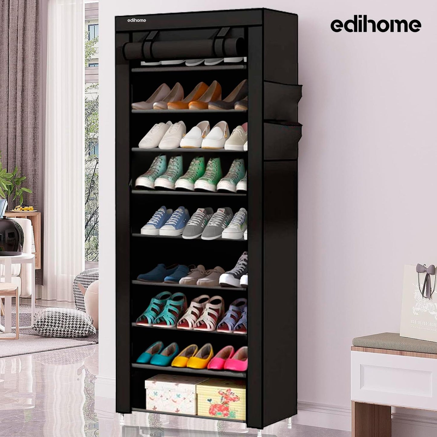 edihome, Fabric Shoe Rack, 9 Levels, Narrow and High Shoe Racks, (58 x 28 x 162 cm) with Outer Cover, with Zip, for Trainers, Heels or Shoes (Black)