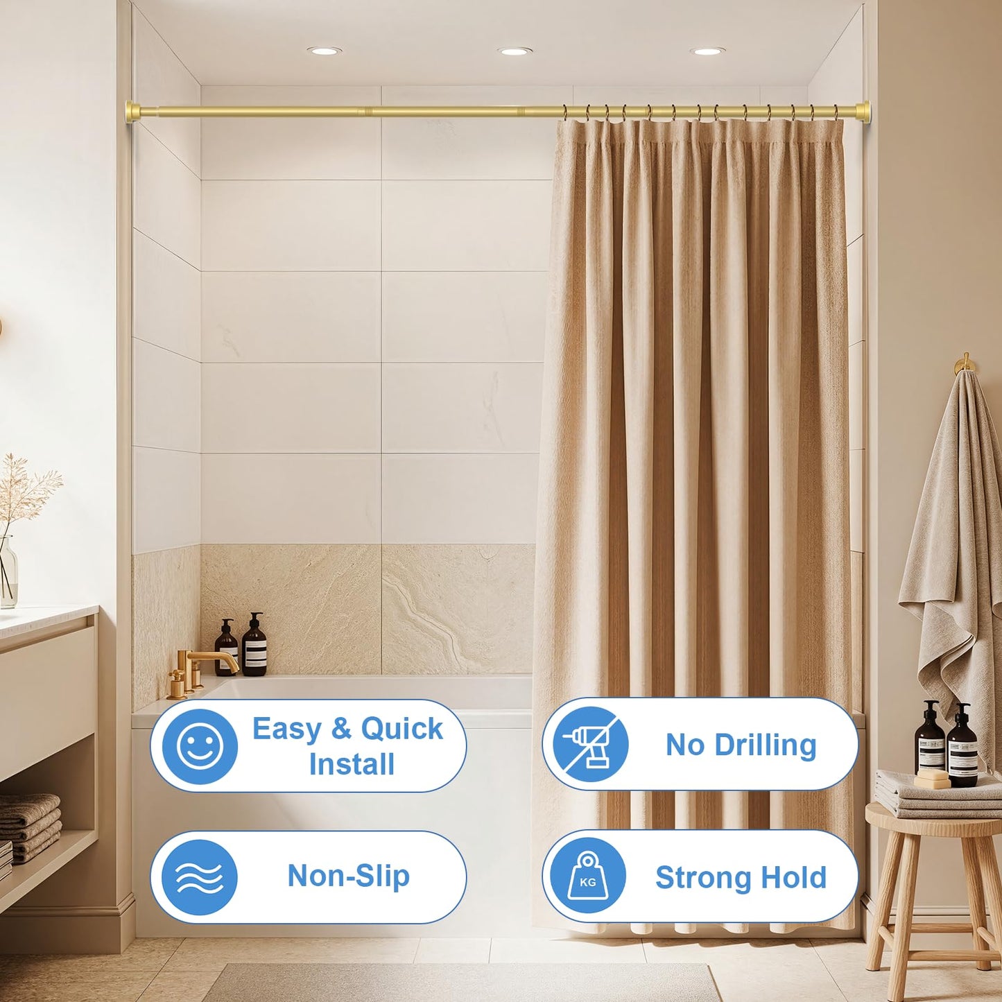 Gold Tension Rods for Curtains 113-197cm Shower Curtain Pole
