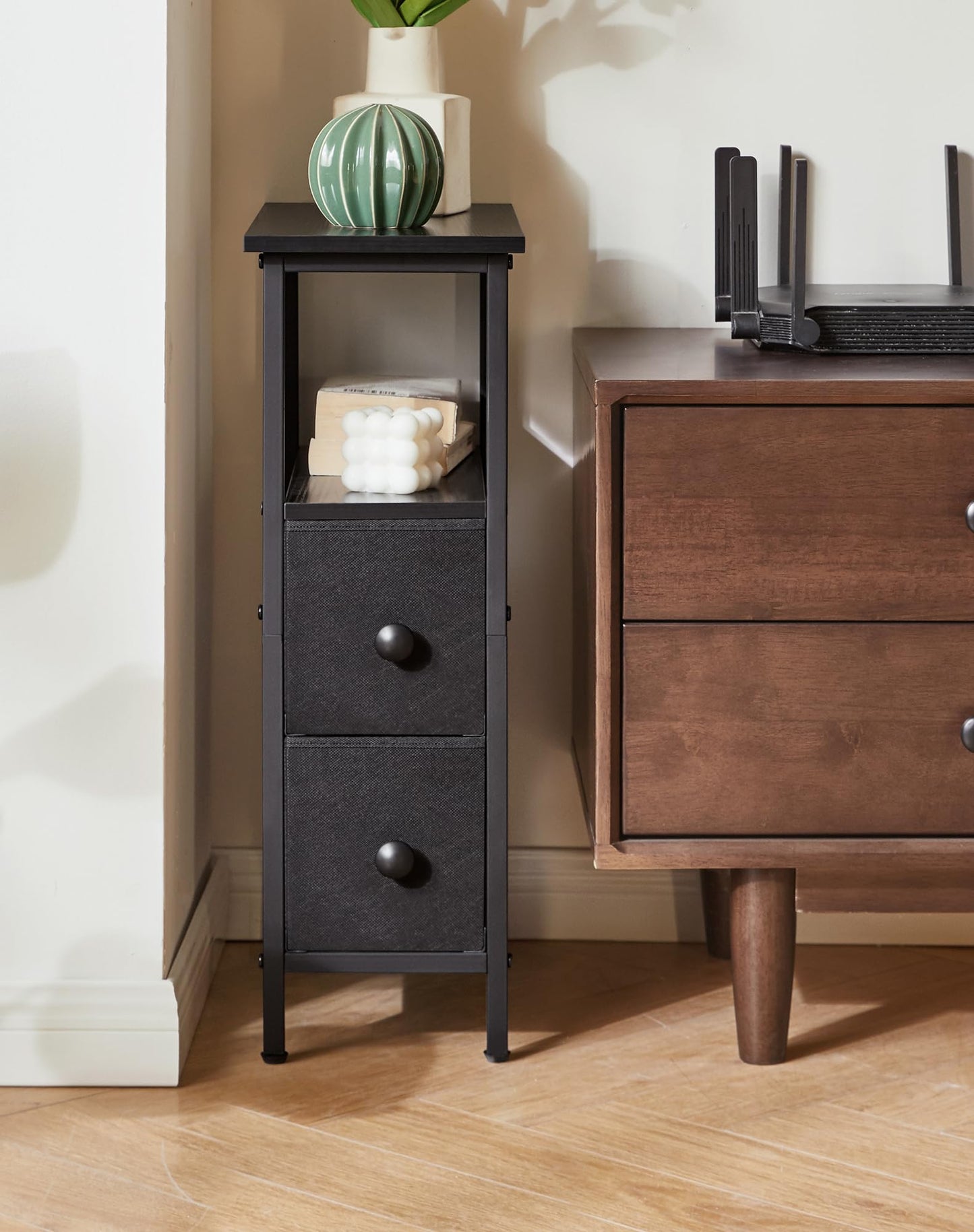 YMYNY Narrow Side Table, Slim Bedside Table with 2 Fabric Drawers, Nightstand for Small Spaces