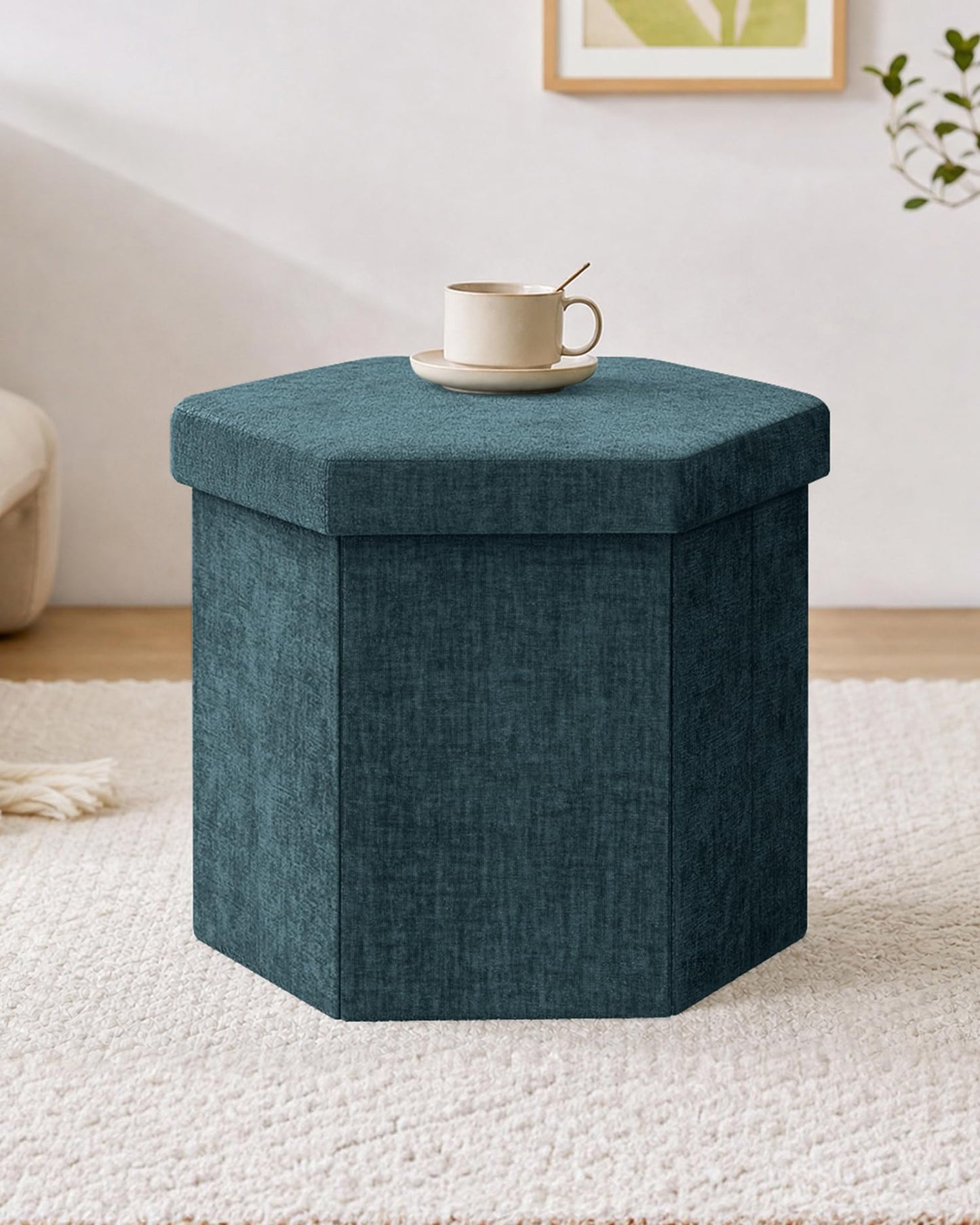 Bonlife Folding Storage Ottoman Hexagonal, Footrest with Toy Ches Box, 43cm