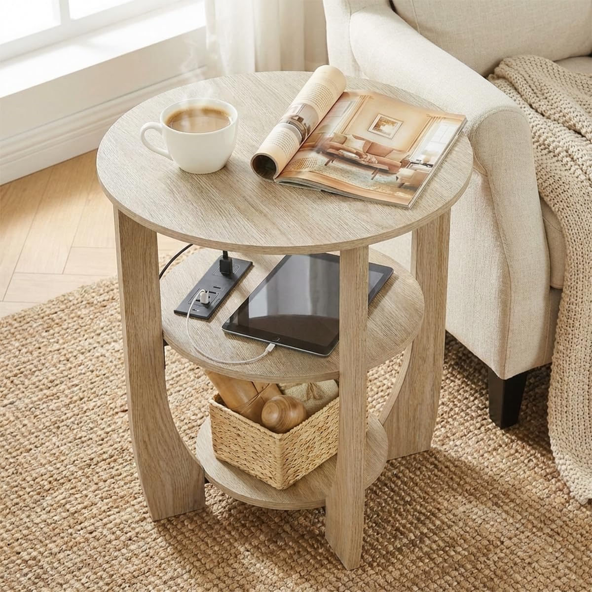 ZEXVIDA 3 Tier Round Side Table with Charging Station, Farmhouse Wood End Tables with Storage