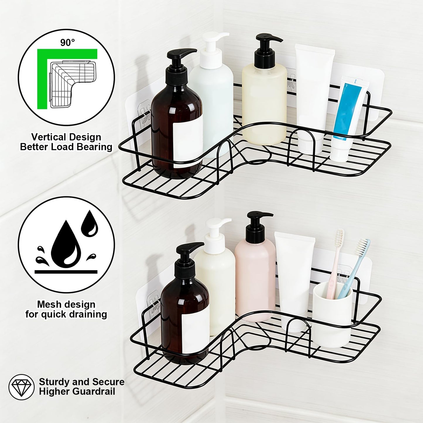 Plliocse 2 Pack Corner Shower Caddy, Wall-Mounted Shower Corner Shelves with 8 Adhesive Hooks, Rustproof Bathroom Shelf Storage No Drilling