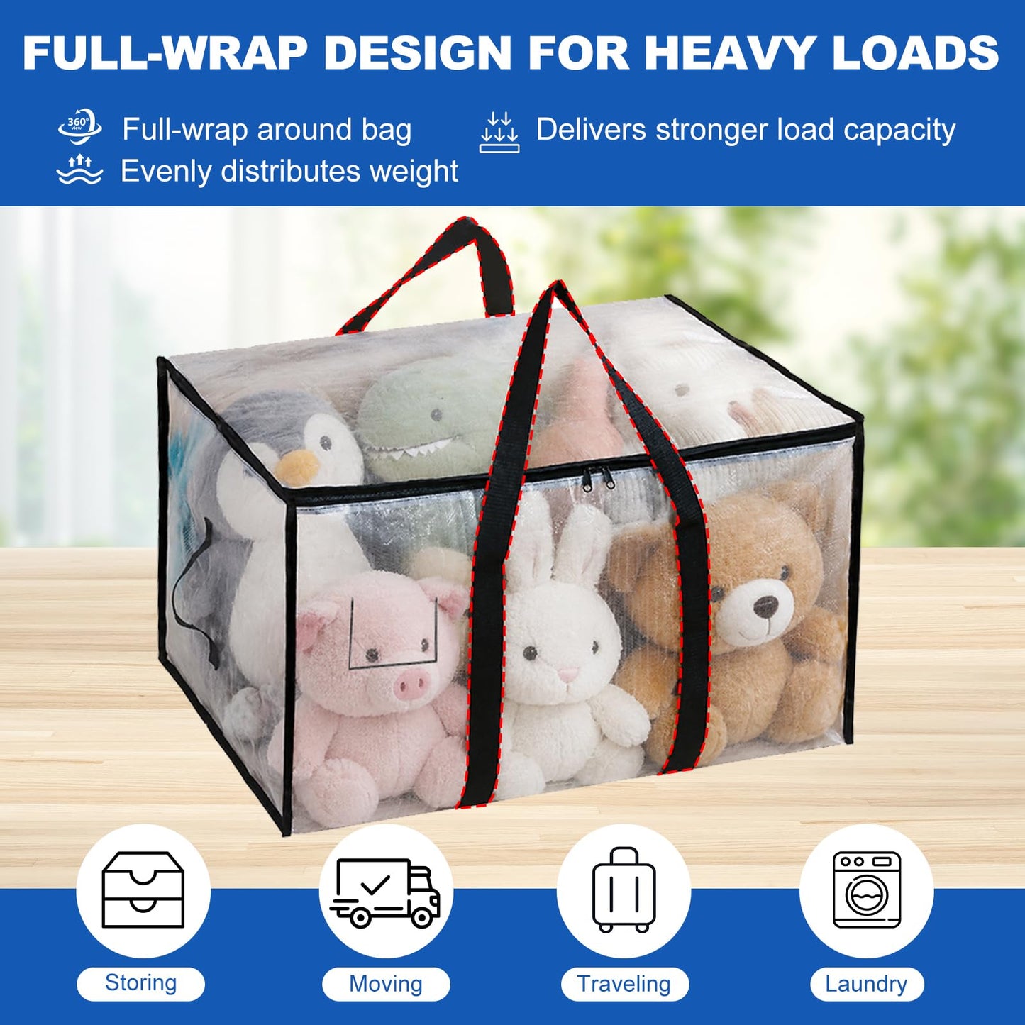 6 Pack Clothes Storage Bags with Zips, 94L Heavy Duty Clear Moving Bags