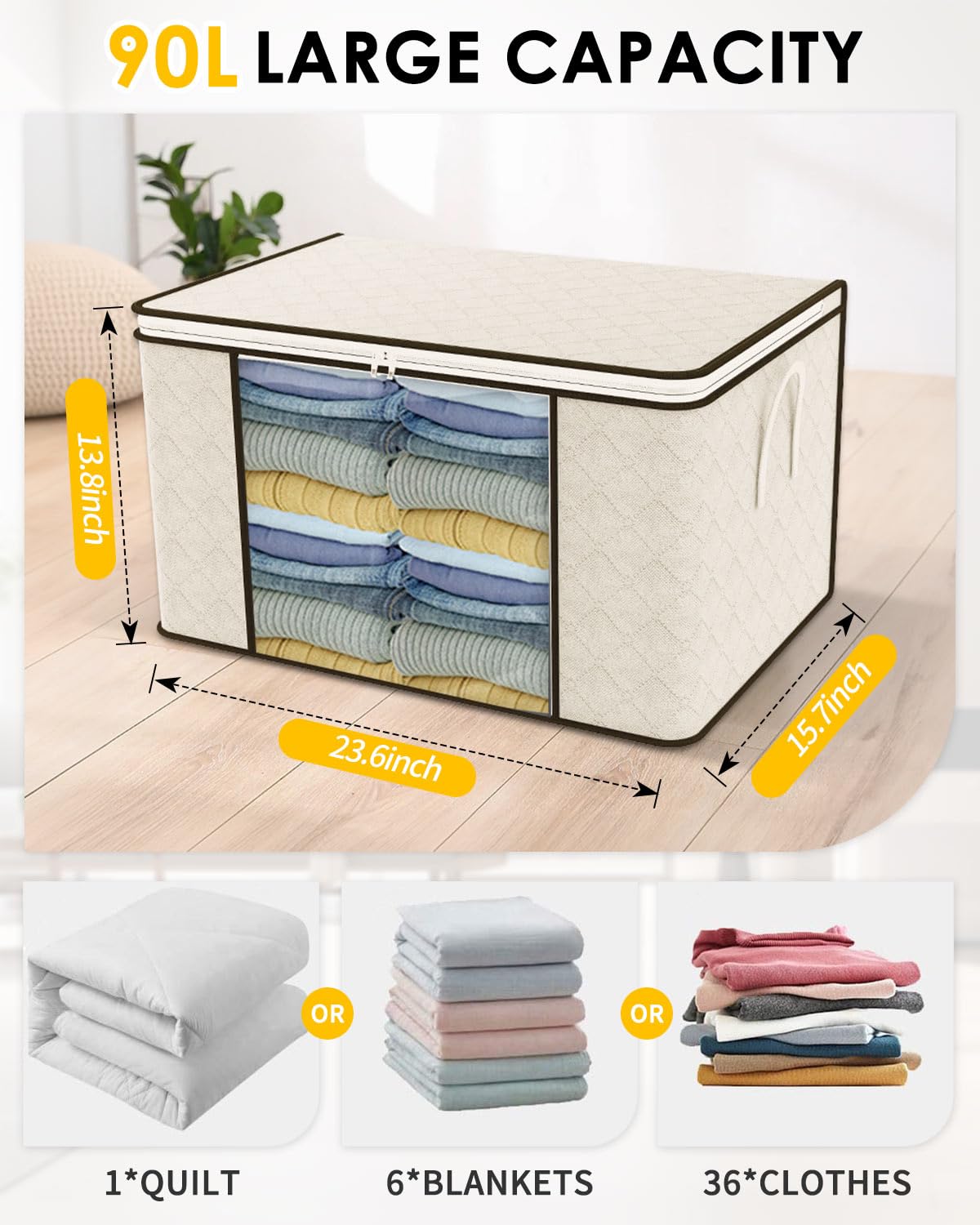 KALAHOL 90L Large Capacity Clothes Storage Bags with Zips, Storage Boxes with Lids, Foldable, Reinforced Handle, Thick Fabric, for Comforters