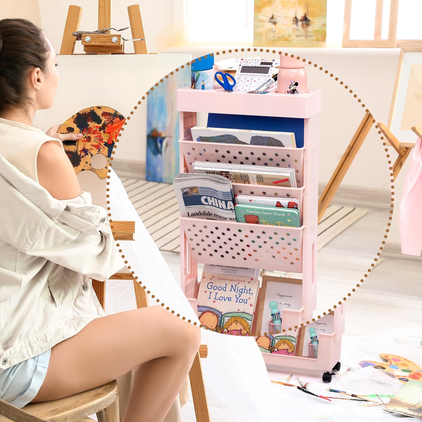 DOEWORKS Mobile Bookshelf with Wheels Small Rolling Book Storage Trolley Craft Trolley Art Trolleys 5-Tier Slim Bookcase Movable Bookshelf for Living