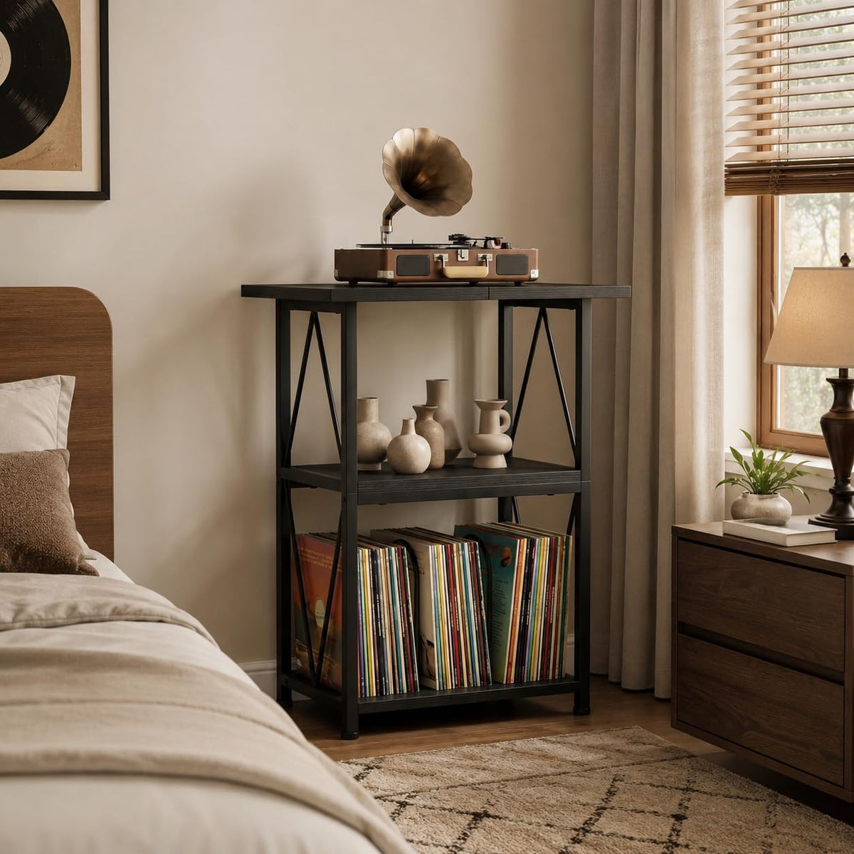 Upgraded Expanded Surface Record Player Stand, 3 Tier End Table with Vinyl Record Storage, 50x40cm Record Player Table
