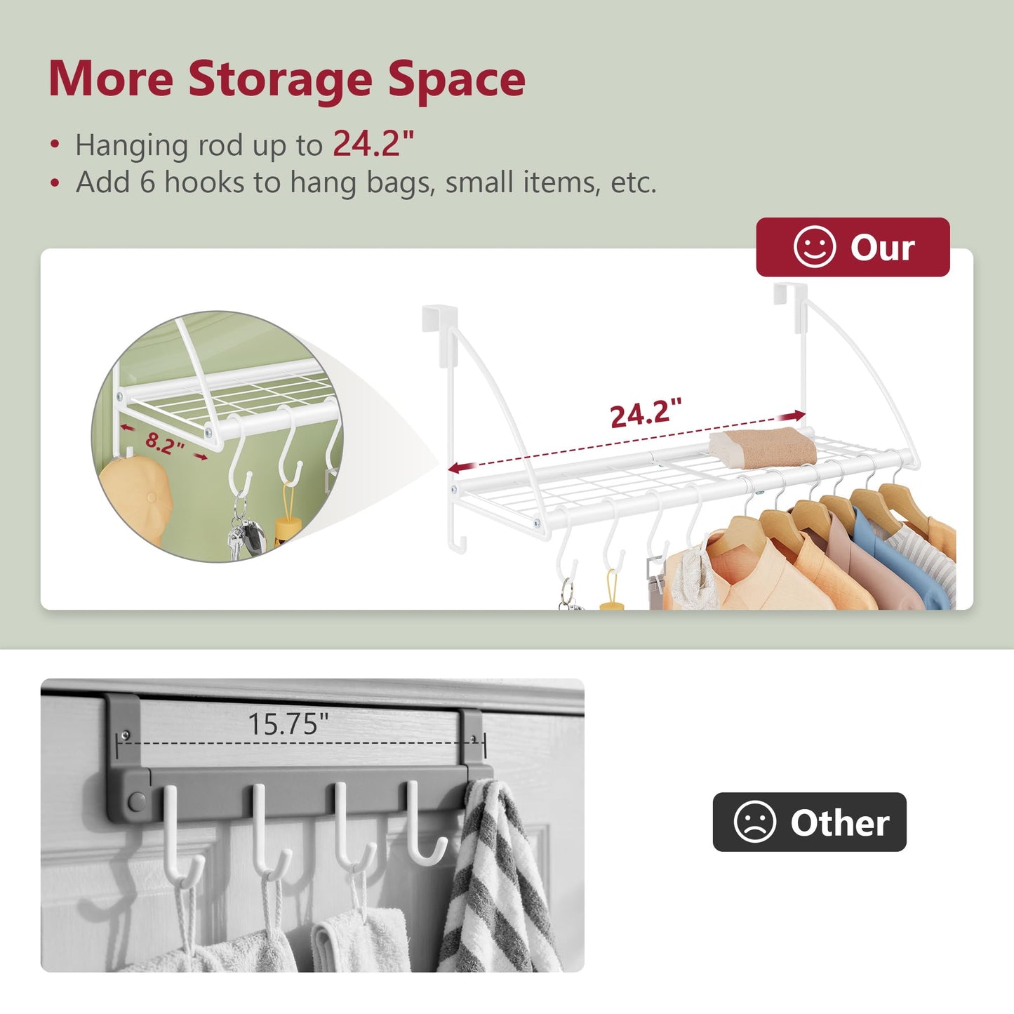 Tajsoon 24.2" Over the Door Clothes Hanger with Storage Rack and Hook White