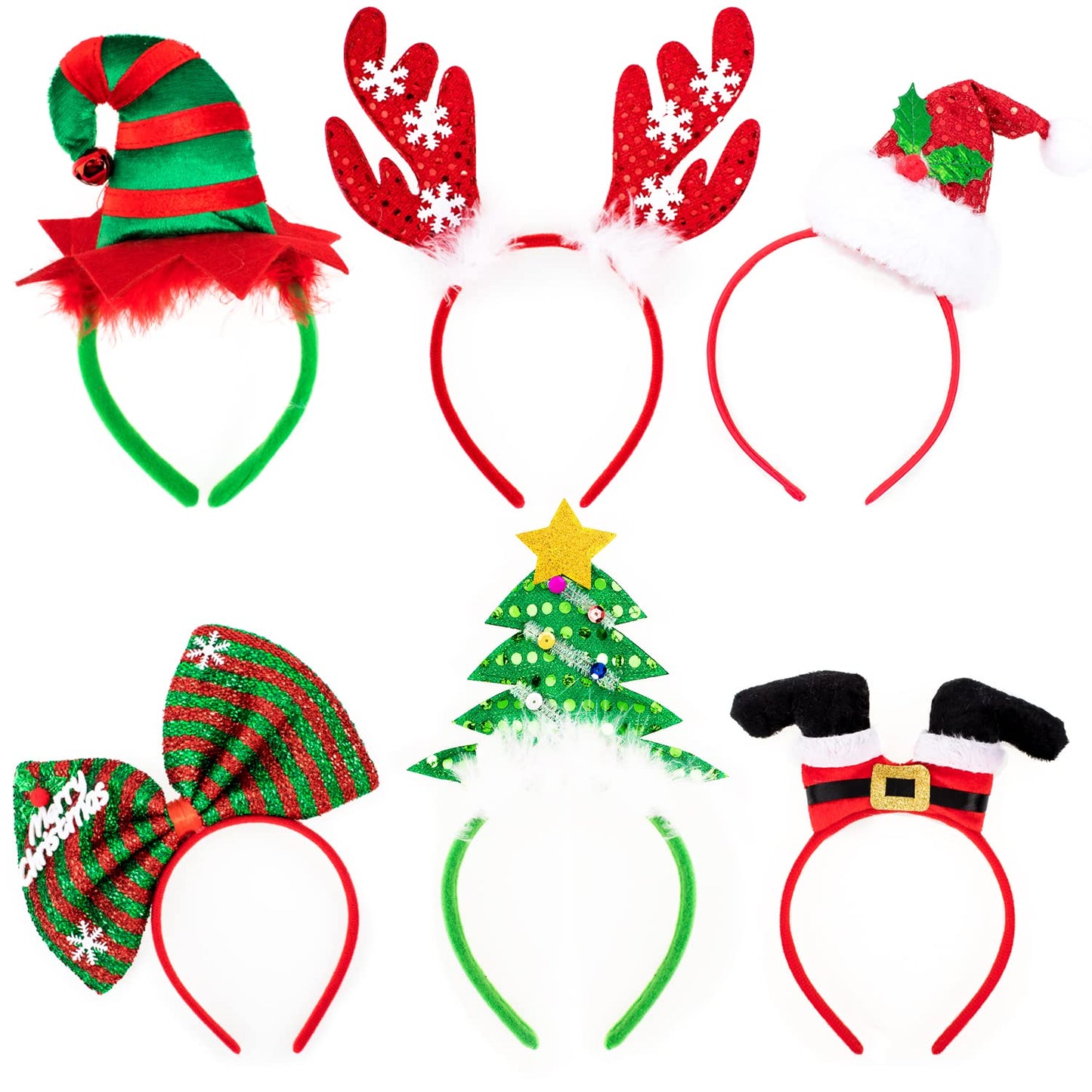 Whaline Christmas Headbands, Reindeer Antler Xmas Tree Head Hat Toppers Costume Headbands for Christmas Holiday Parties, Annual Holiday, Photos Booth
