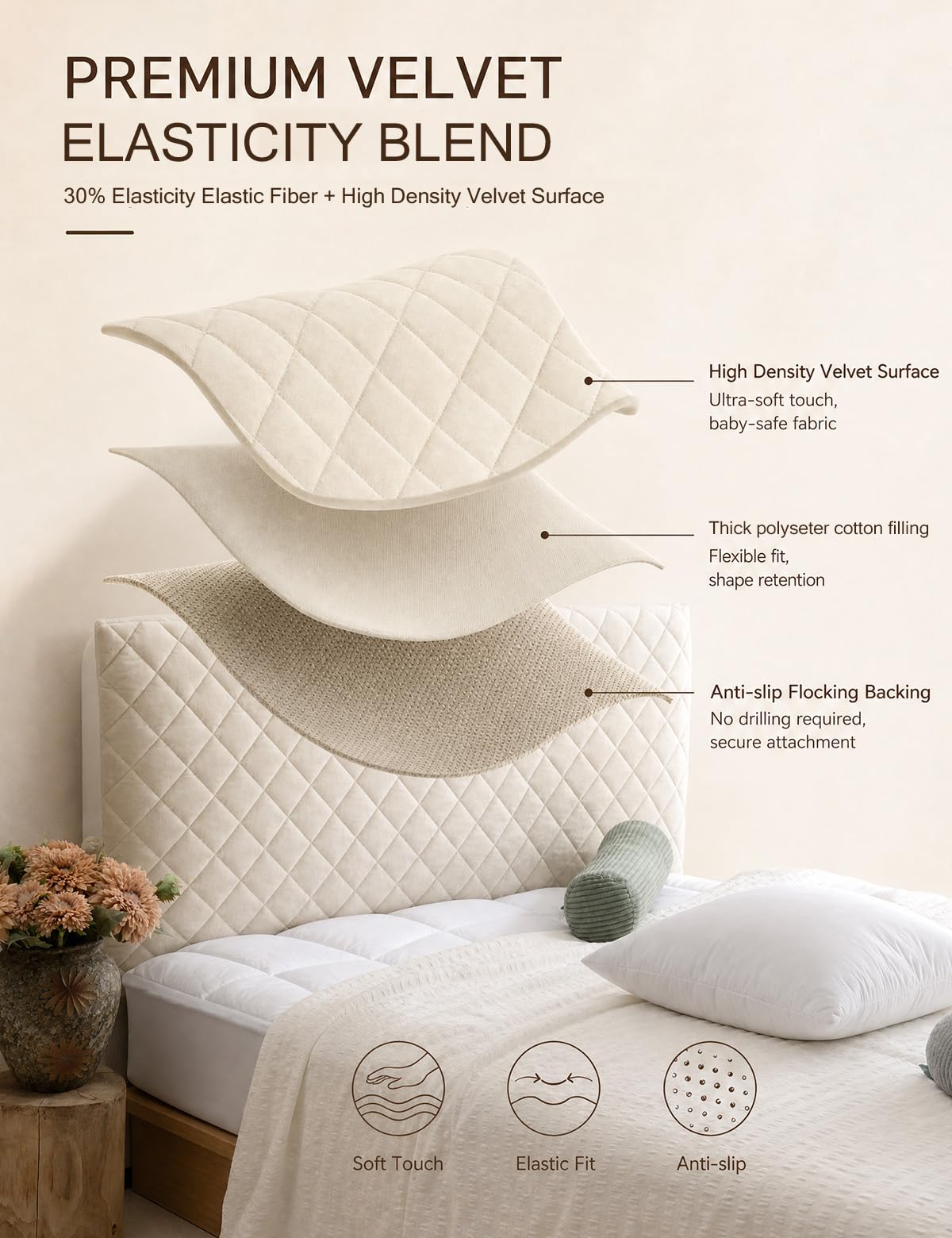 Bed Headboard Cover Superking, Quilted Thicken Protector Beige, 200x70cm