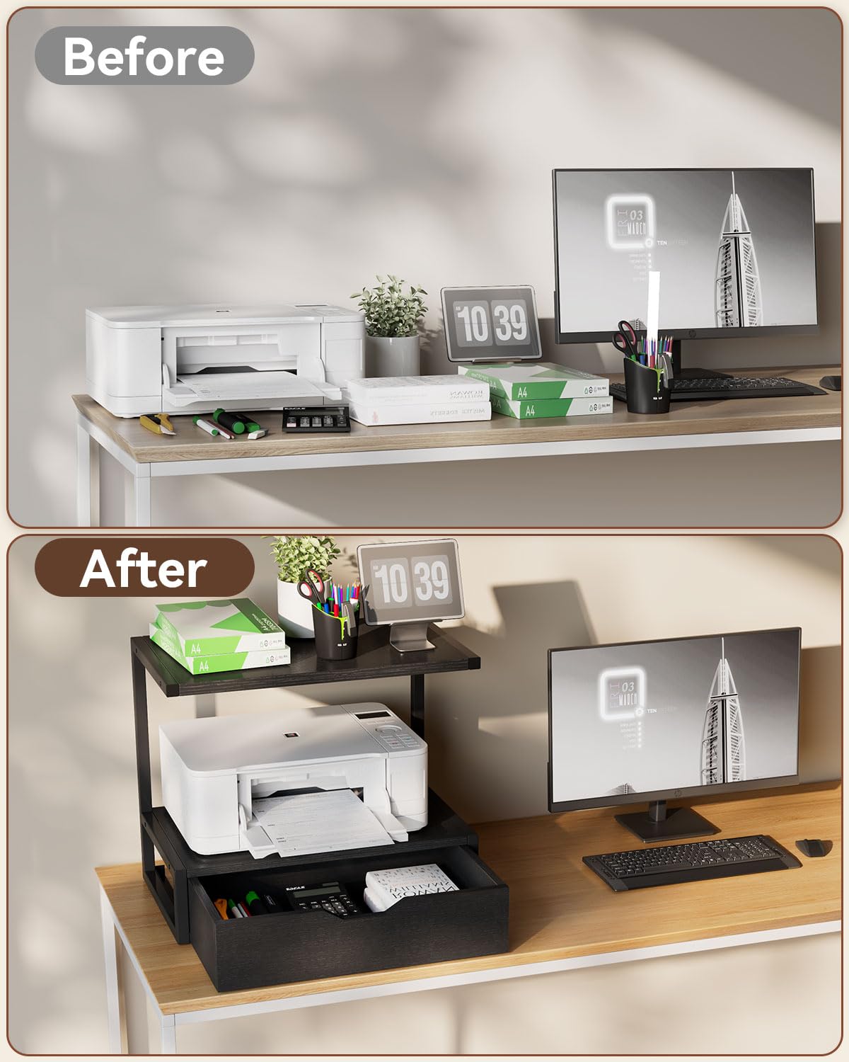 IBUYKE 2 Tier Desktop Printer Stand,Printer Table with Storage Shelf,Multi-Purpose Desk Organizer for Folders,Books,for Fax Machine