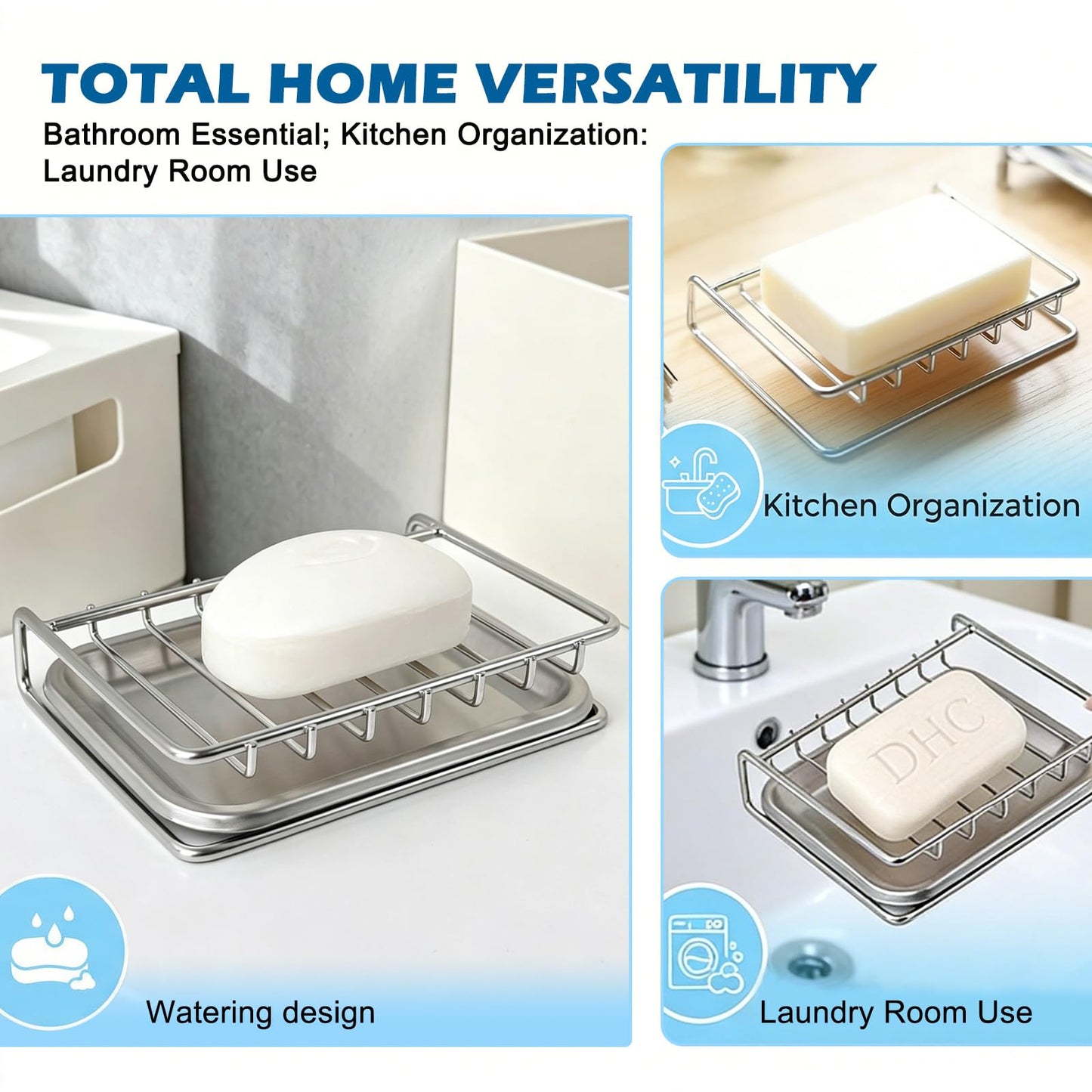 Soap Holder with Drip Tray - Stainless Steel Soap Dish for Shower, Quick Drying Sponge Holder with Drainage for Shower, Kitchen, Sink