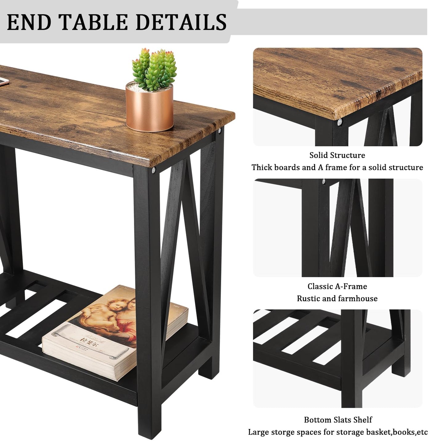 Narrow End table Rectangular Side Tables with Storage Shelf Small Sofa Table Industrial Nightstands Bedside Table for Small Spaces Living Room