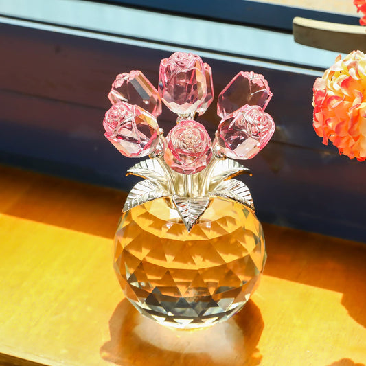 Crystal Pink Rose Bouquet Flower Figurine with Round Vase, Romantic Rose Gifts for Women Her on Valentine's Day Mother's Day Christmas, Rose