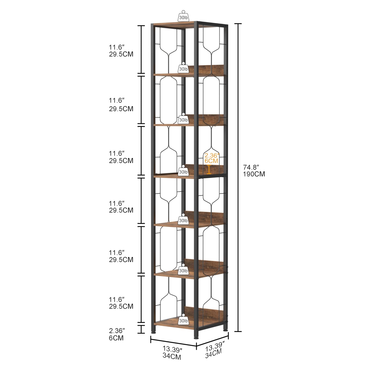 Trironsun 6-Tier Corner Bookshelf Tall Narrow Bookcase Open Storage Rack Skinny Book Shelf Industrial Display Stand Rustic Square Shelf Tower for
