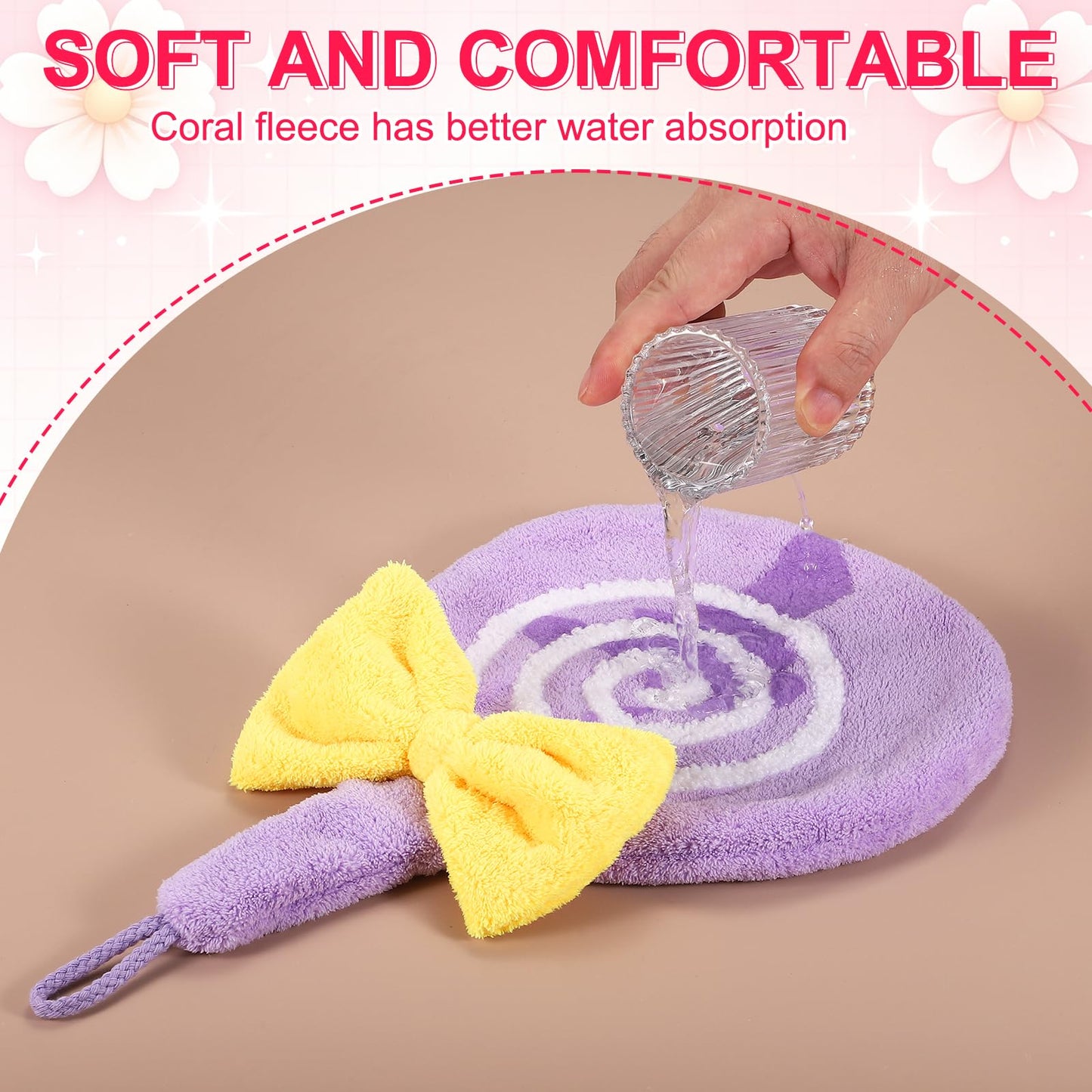sourcing map 2 Pcs Cute Hand Towels, Soft Coral Hanging Hand Towel with Hanging Loop, Lollipop Pattern, Highly Absorbent