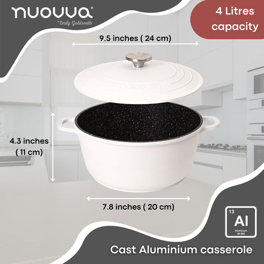Casserole Dishes with Lid Oven Proof Non Stick Deep Dutch Oven Induction Cooking Pot Oven Safe Aluminium Stockpot 4L, 24cm, Cream by Nuovva