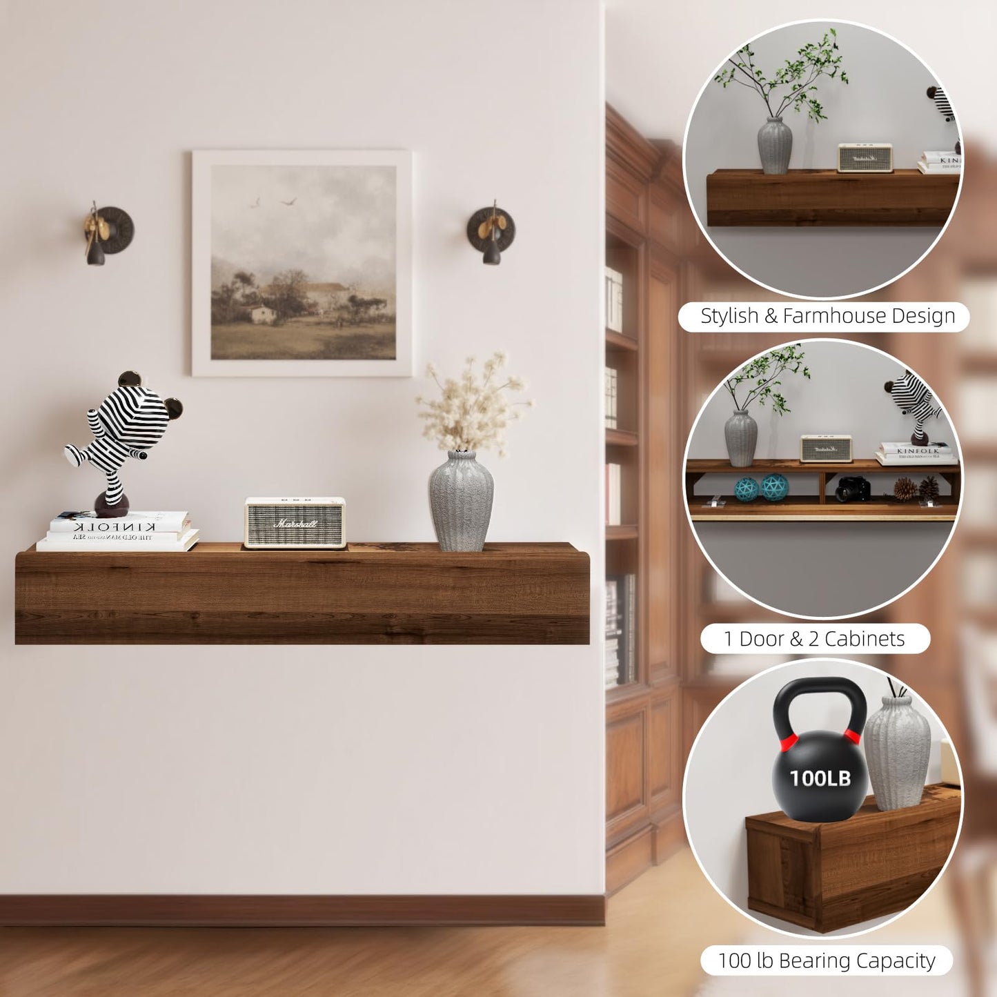 Pmnianhua Floating Solid Wood Console Table, Wall Mounted Narrow Entryway Table with Storage Shelf
