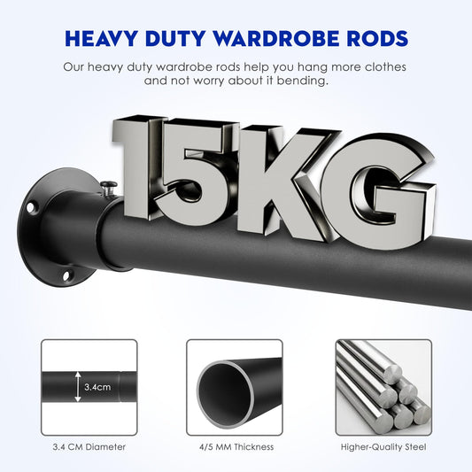 Tiemlet Wardrobe Rods, Black Heavy Duty Extendable Rail, 74-130CM Adjustable Hanging Rail for Wardrobe, Balcony and Clothing Hanging 32MM