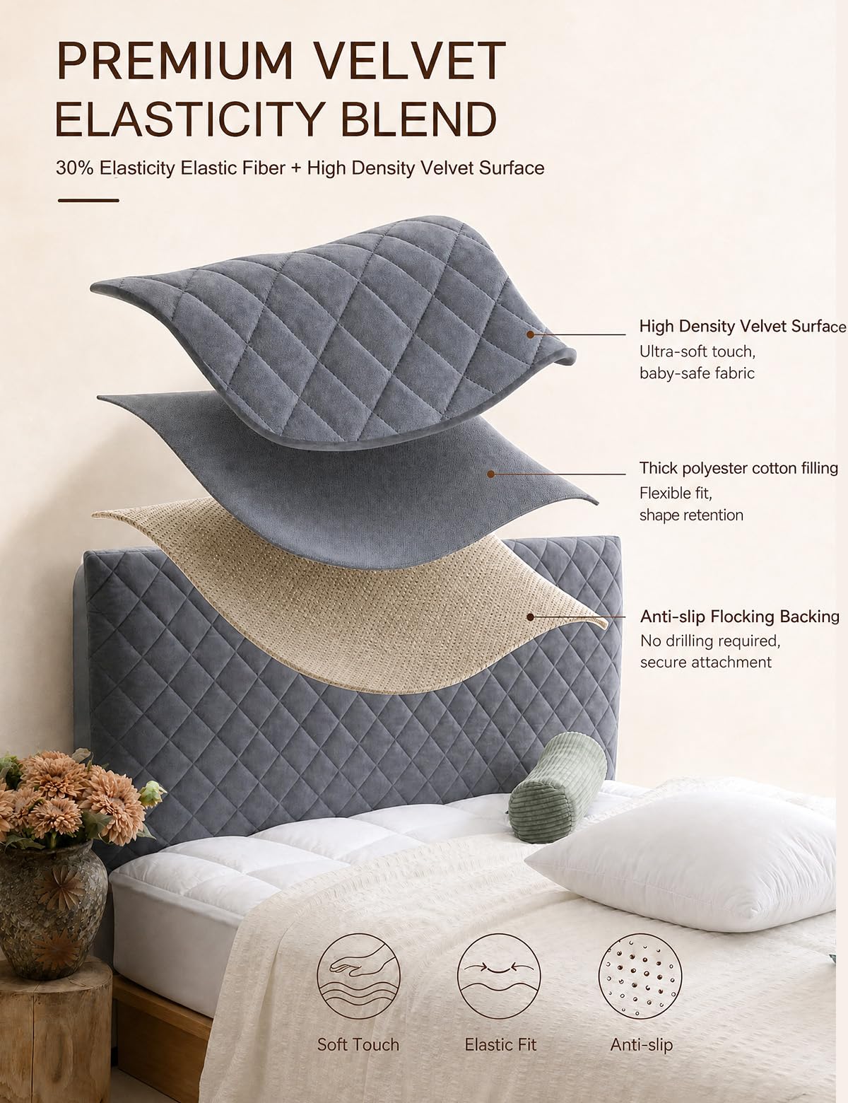 Bed Headboard Slipcover Quilted Thicken Protector Light grey,180x70cm
