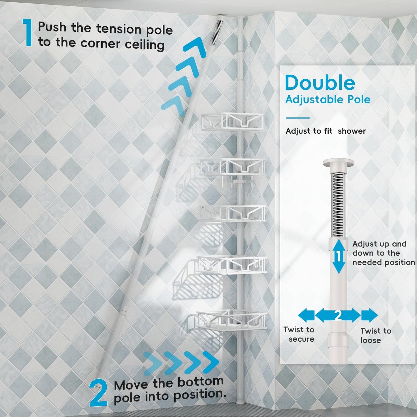 Mutool Adjustable Shower Shelf, Telescopic Shower Caddy with Hooks, No Drilling Corner Shelf with 5 Trays