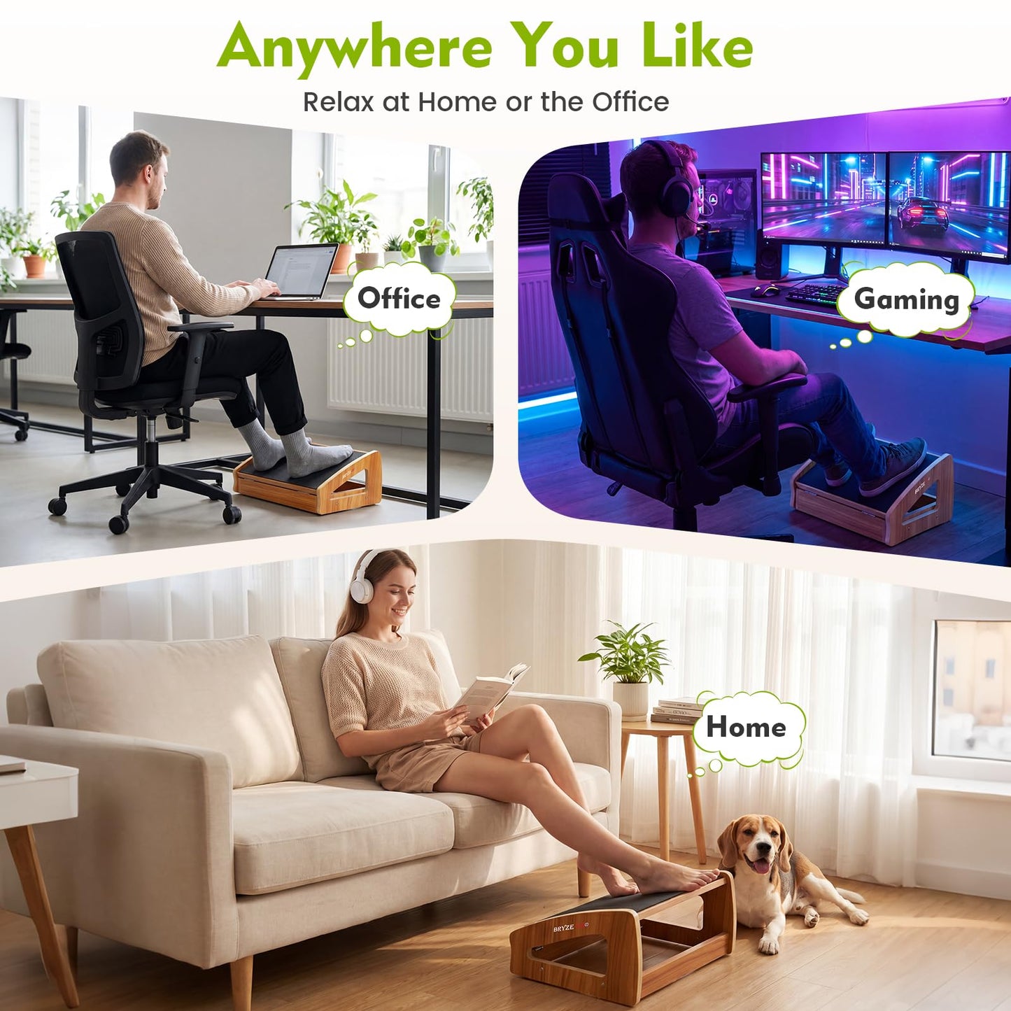 Ergonomic Under Desk Footrest, Adjustable Wooden Office Footrest with 3 Heights, Large Anti-Slip Surface, Supports Posture & Blood Circulation
