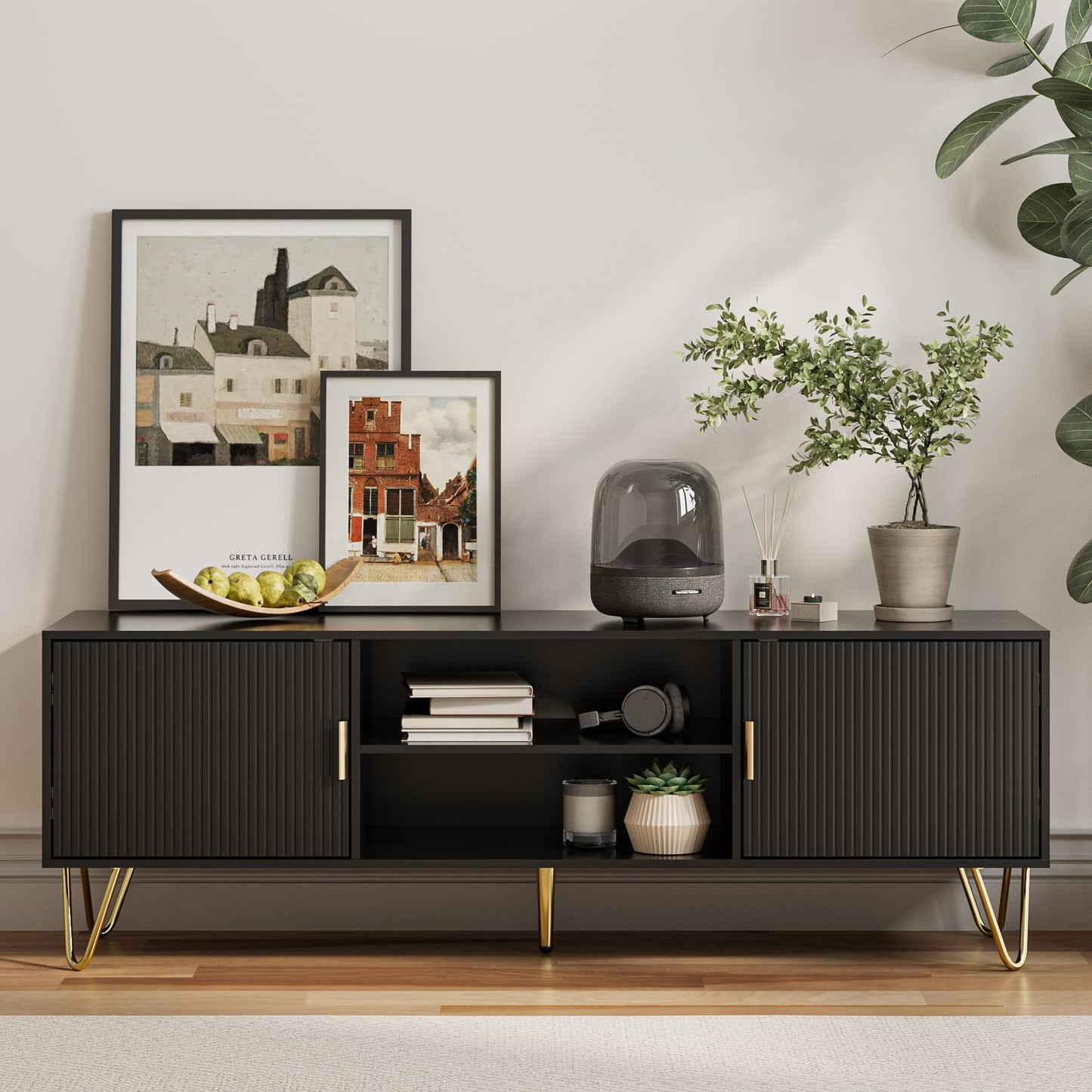 HEYZOEY Black Fluted TV Stand, 2 Cabinets, Gold Legs, for TVs up to 65 in
