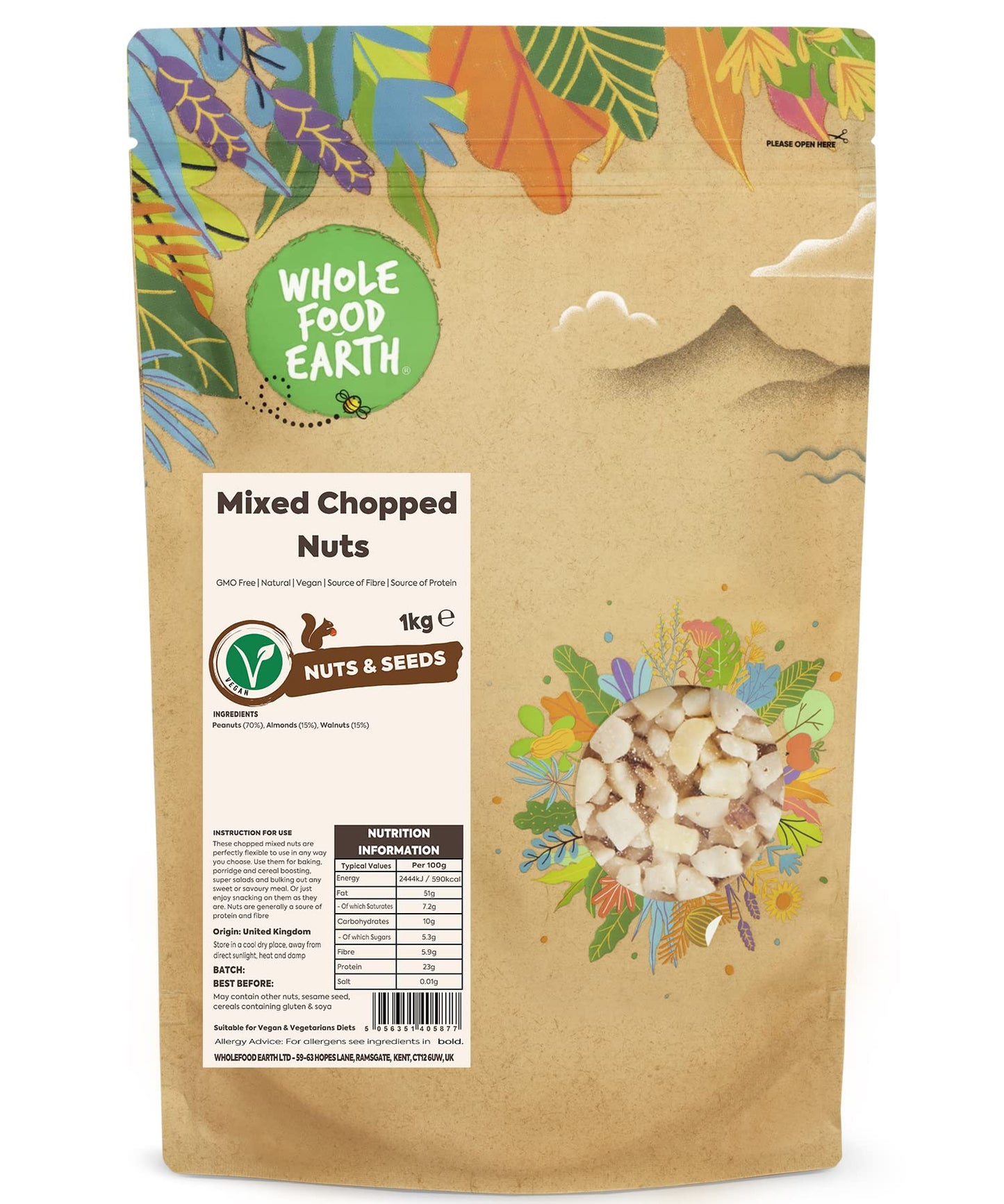 Wholefood Earth Mixed Chopped Nuts 1 kg | GMO Free | Natural | Source of Fibre | Source of Protein
